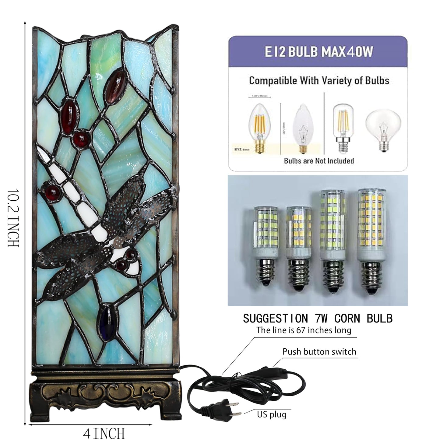 ZYLINX Small Tiffany Lamp Sea Blue Dragonfly Style Stained Glass Table lamp