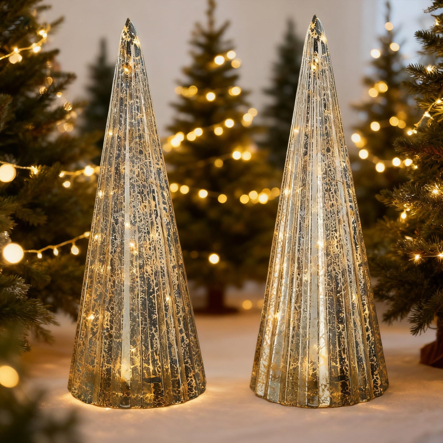 Set of 2 Mercury Glass Christmas Tree Silver Glass Christmas Trees Collectible Figurines with Led Indoor Table Centerpiece Decorations Mantel Gift