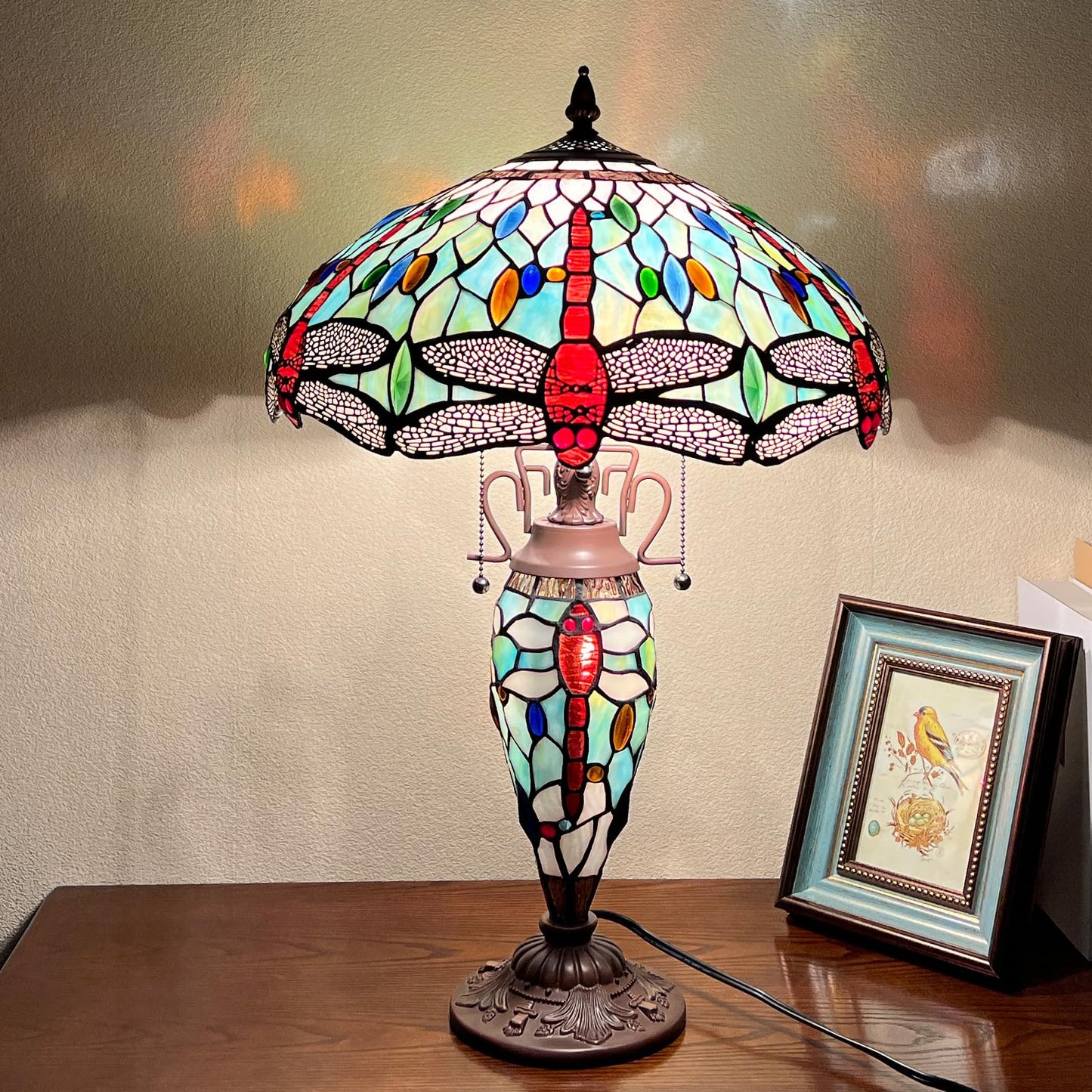 Capulina Tiffany Lamp Fine Sky Dragonfly Stained Glass Table Lamp 3-Light