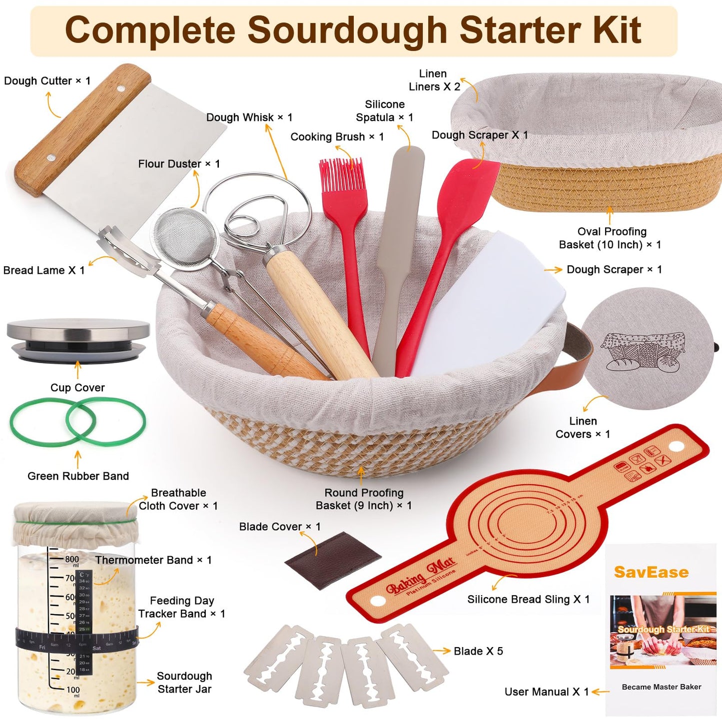 Sourdough Starter Kit, Bread Baking Supplies with Round & Oval Banneton Proofing Basket, Bread Sling, Starter Jar, Dough Whisk, Scrapers, Stencils & Storage Bag, Bread Making Tools Gift for Bakers