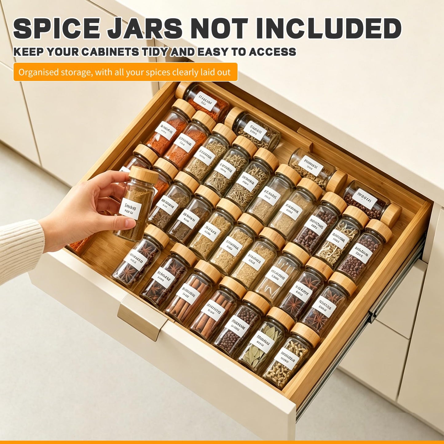 Bamboo Spice Drawer Organizer Expandable(Fits 2.6” Deep Drawers), 4-Tier Spice Rack Drawer Insert for Kitchen Cabinets(12" - 21.9" Width), Adjustable Seasoning Storage Insert (Jars Not Included)