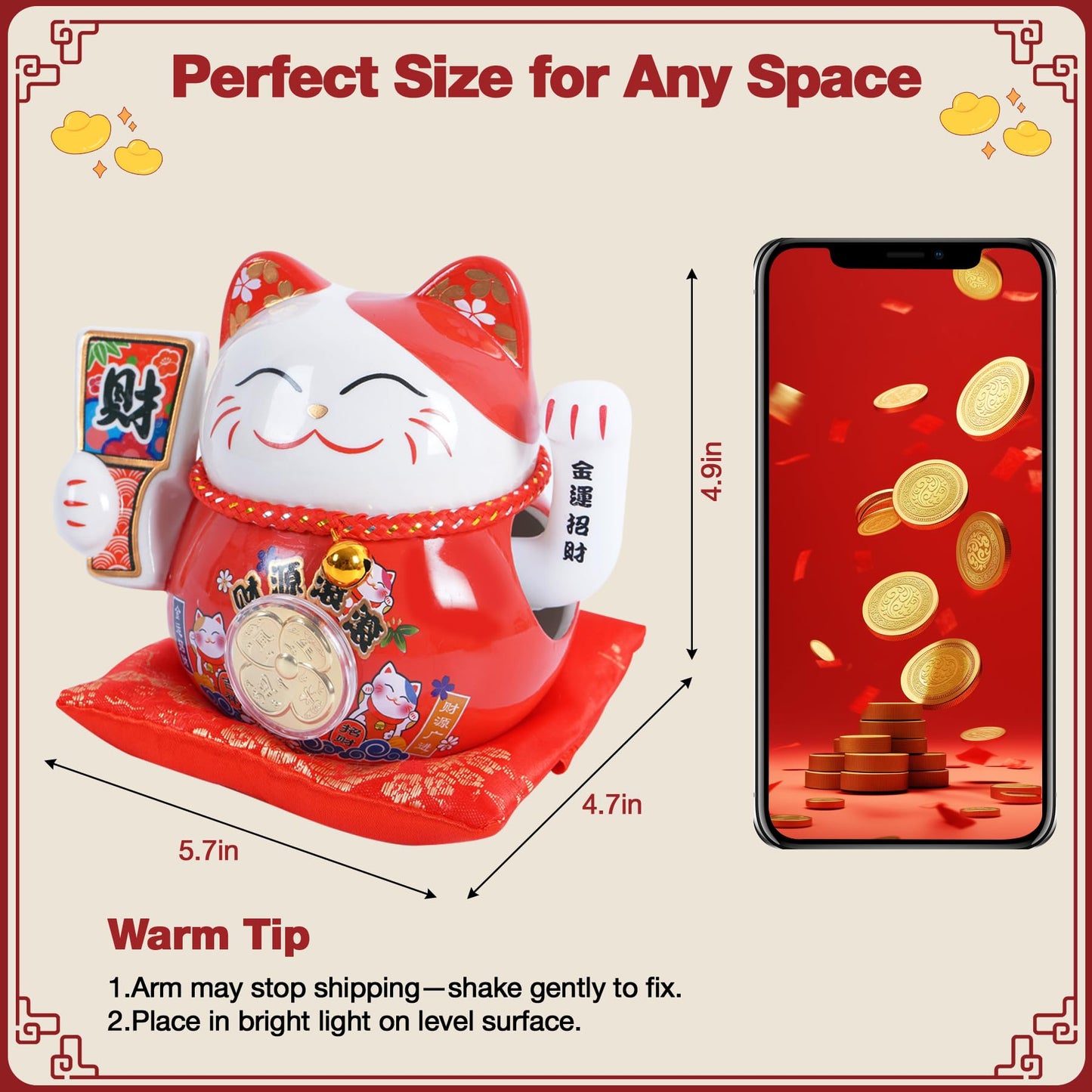 TopFato Lucky Cat Waving Arm 5 Inch Battery Operated, Good Lucky Fortune Cat Maneki Neko Chinese Cat Statue Moving Arm, Waving Cat Decorations for Home,Office, Shop,Desk, Car, Business Openings