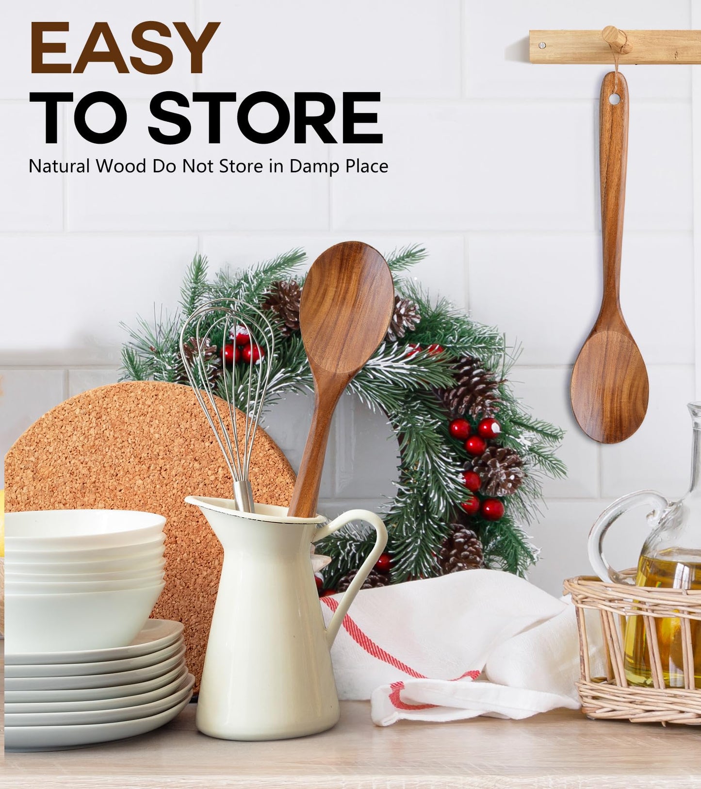 Wooden Spoons for Cooking, Natural Premium Teak Wooden Spoons, Good Grip Large Cooking Spoons and Wooden Spatula, Heat Resistant Wooden Cooking Utensils for Nonstick Cookware Serving, Perfect Gifts