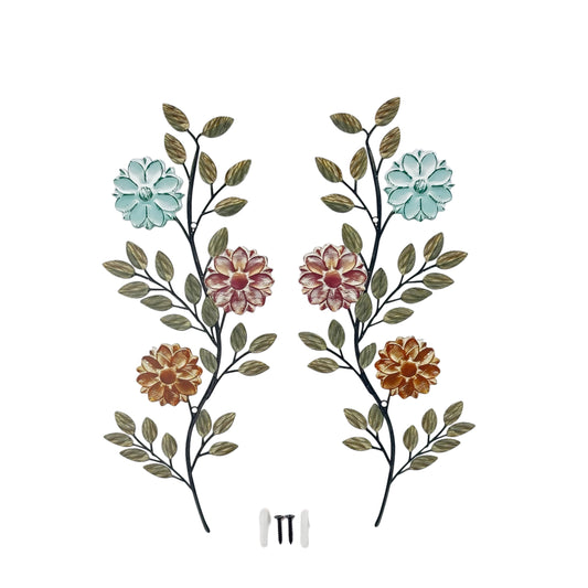 MFORLD 2 Pcs Metal Wall Sculptures 15.75 Inch Vintage Rustic Flower & Spring Metal Wall Art & Decor for Living Room Bedroom Indoor Outdoor Home Decoration
