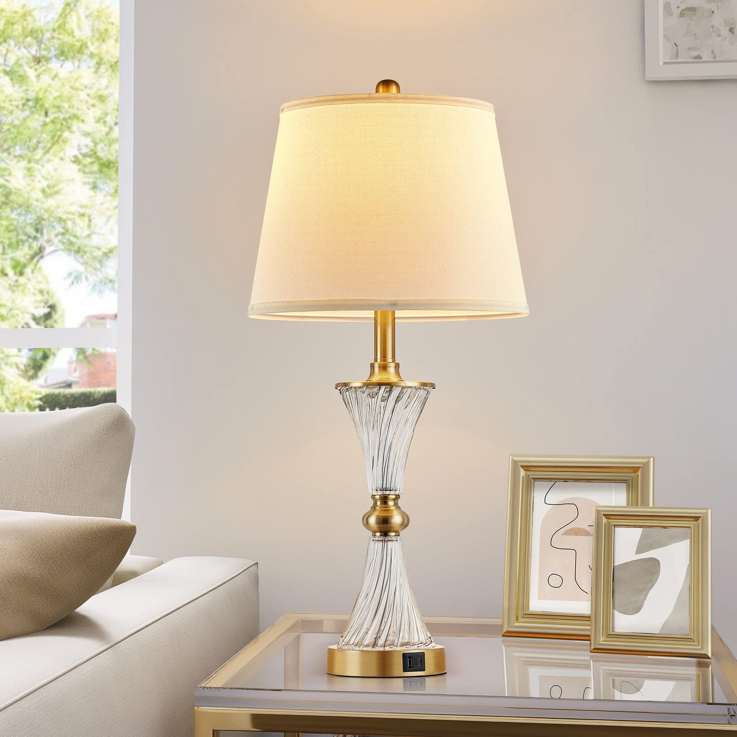 BZZMMB 27" Bedroom Lamps Set of 2, Gold Glass Touch Lamps with USB C+A Ports, 3-Way Dimmable Light Fixture for Nightstand, Modern Table Side Lighting for Living Room, 2 Bulbs Included