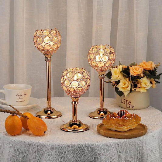 Candle Holder Candlestick Holders- 1Set Gold Crystal Pillar Candle Holders,Metal Candlestick Stands for Wedding Centerpieces,Table Decor for Church,Valentine's Day Housewarming Gift,3Pcs