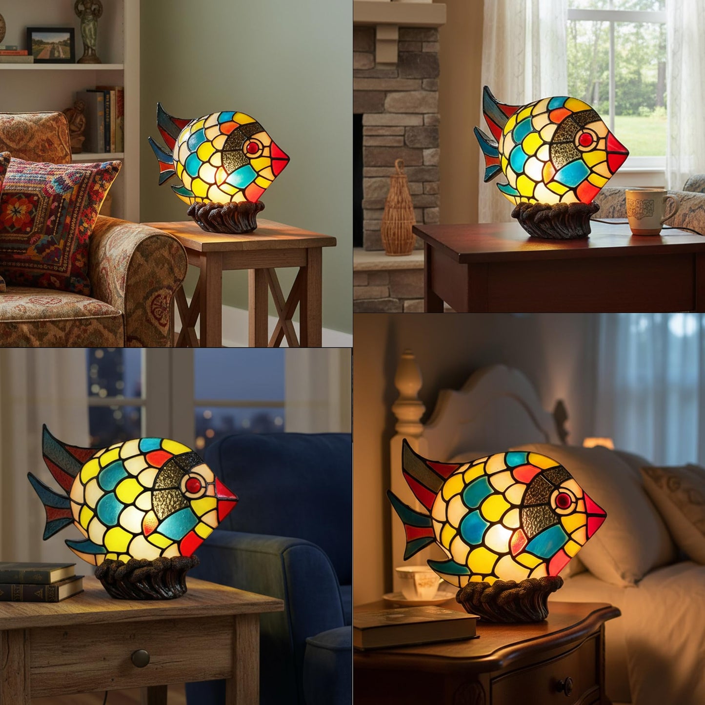 Tiffany Style Fish Table Lamp, Hand-Painted Resin Tropical Fish Accent Light, Coastal Decorative Stained Resin Look Bedside Lamp for Living Room, Bedroom, Beach House Decor, Unique Nautical Gift