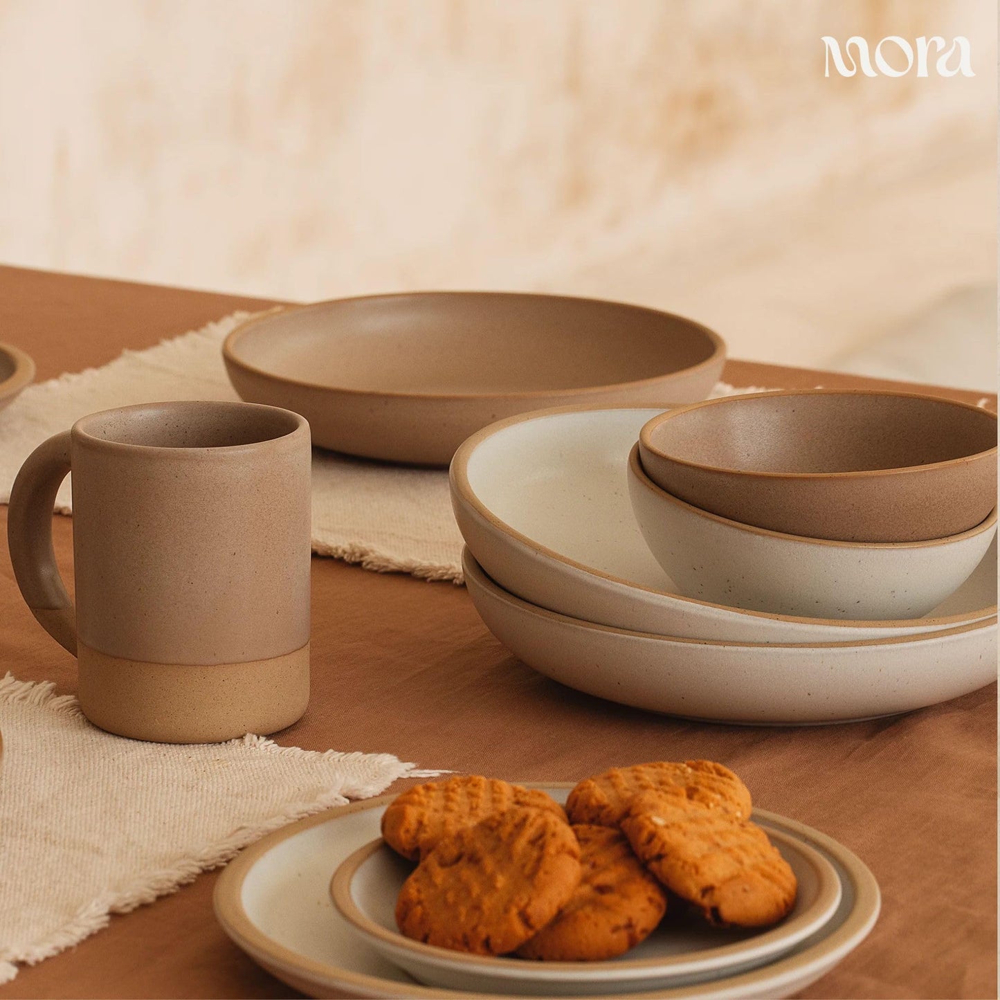 MORA Small Bowls Set of 4, 16oz Ceramic Pottery Dessert Bowls - Microwave, Oven and Dishwasher Safe - Oat