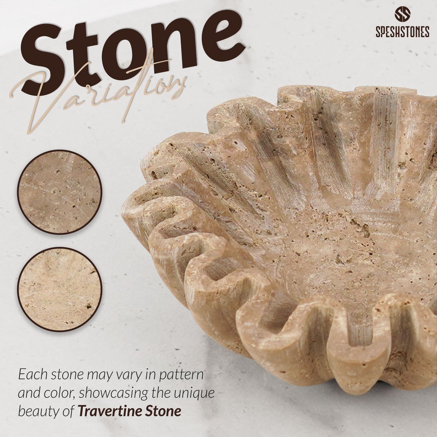 SPESHSTONES Marble Scalloped Bowl 6 Inch Handmade Travertine Ruffle Bowl, Small Bowls for Tables Centerpieces & Housewarming Gifts, Modern Ring Dish, Fruit & Key Bowl for Entry Table, Fluted Bowl
