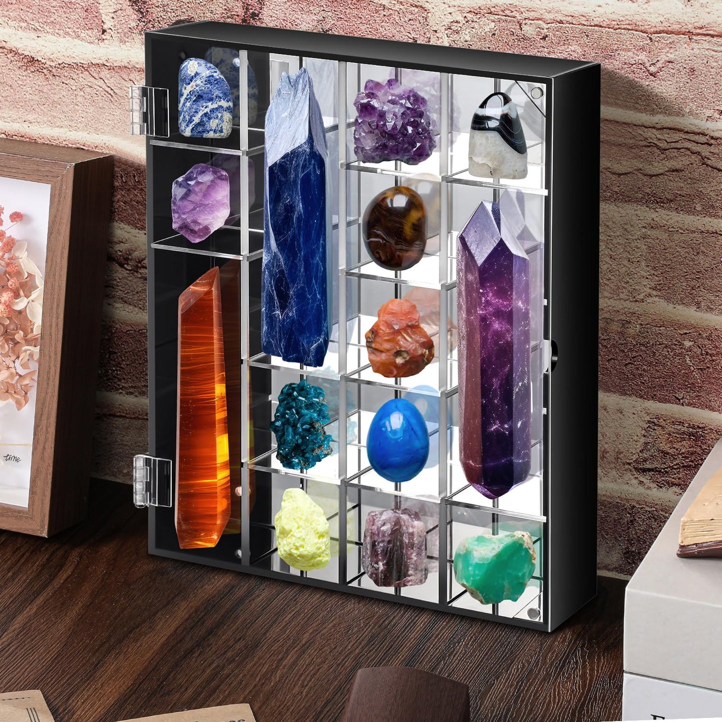 Cinnvoice Rock Display Case Adjustable 20 Grids Acrylic Display Case with Mirrored Crystal Organizer for Collectible, Crystal, Stones, Wall Mountable, Magnetic Door(Black Border, Square)