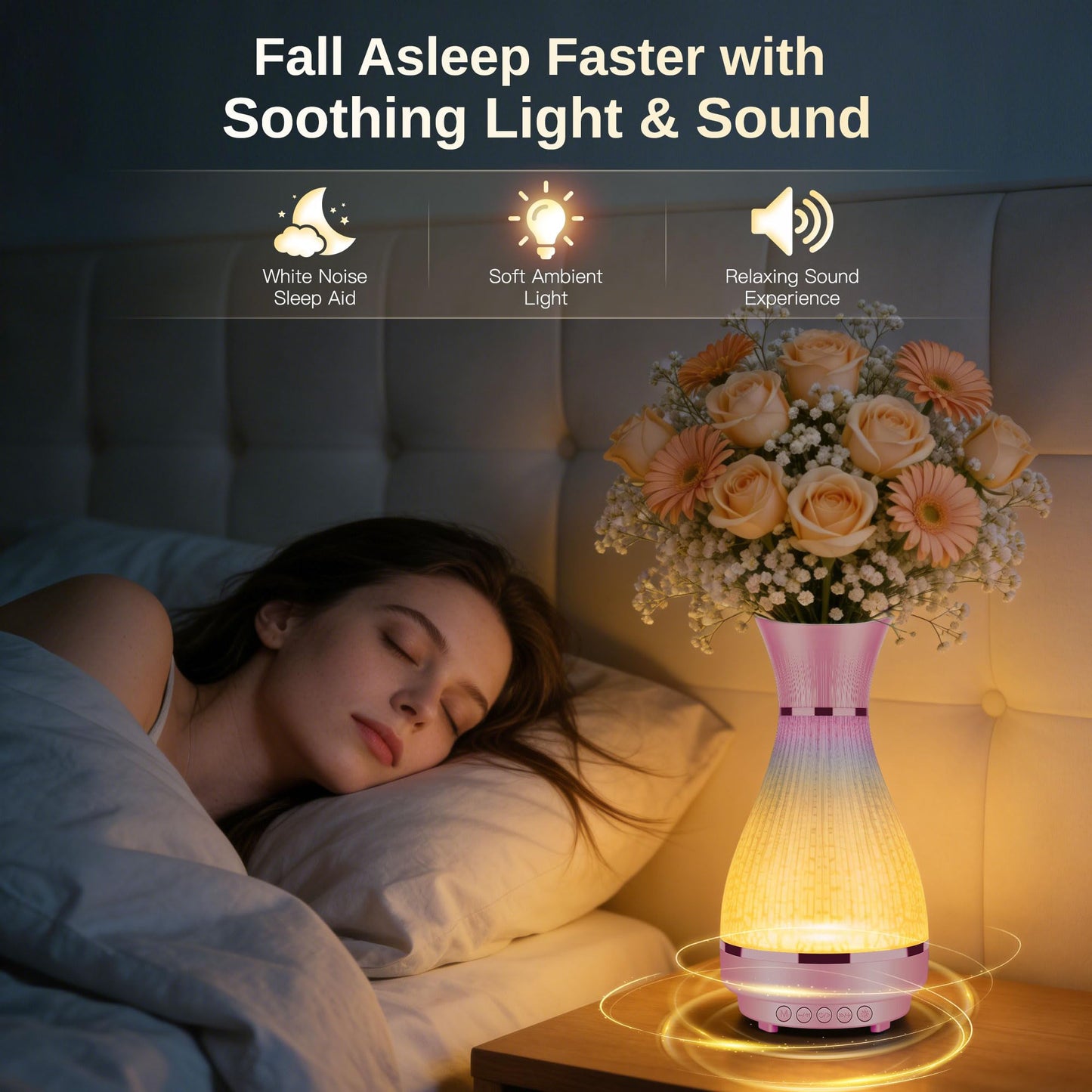 3-in-1 Vase Bluetooth Speaker With Ambient Light & White Noise, 8H Playtime, Water-Safe Flower Vase for Bedroom, Living Room Decor, Mother's Day,Birthday Gift for Women, Mom, Wife or Girlfriend