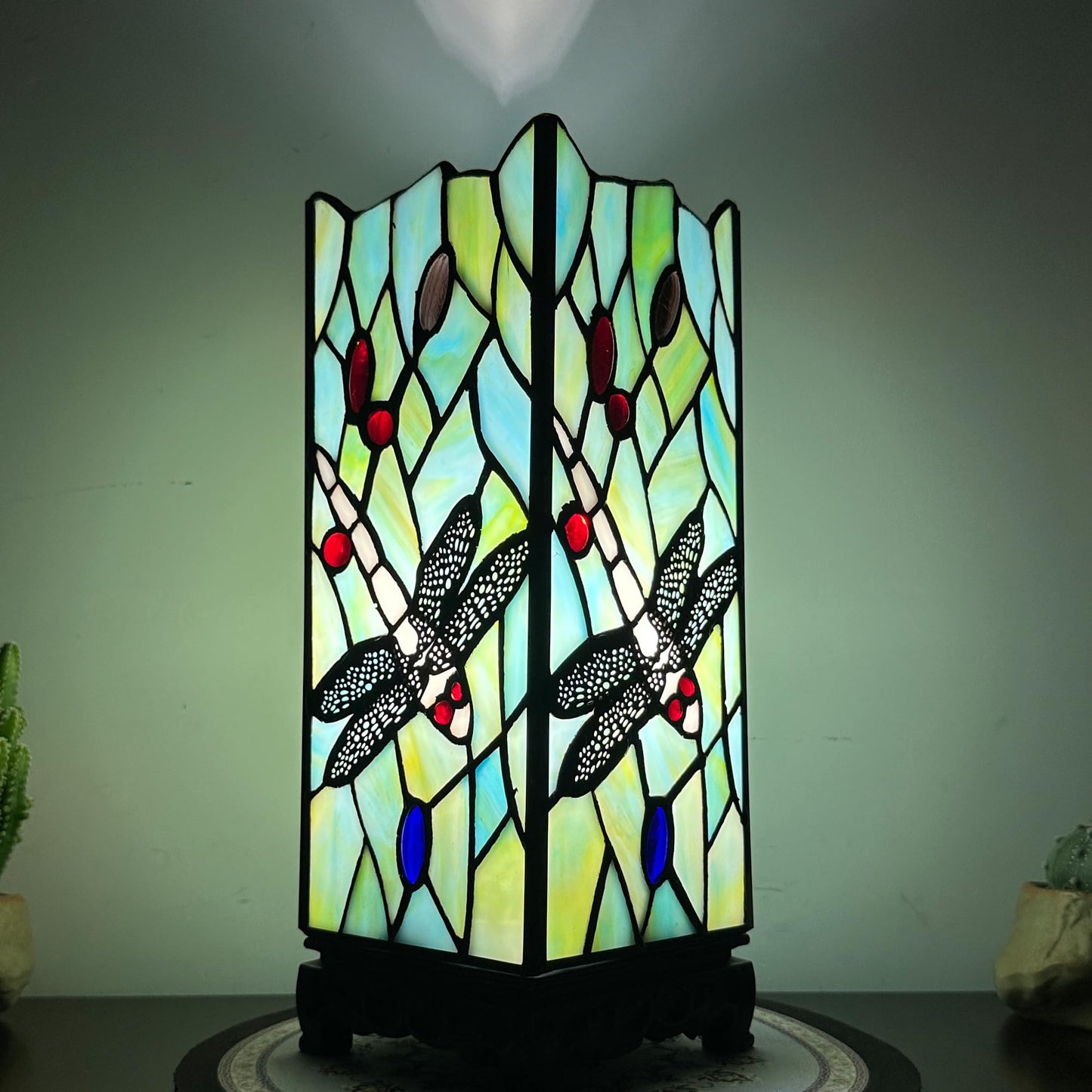 ZYLINX Small Tiffany Lamp Sea Blue Dragonfly Style Stained Glass Table lamp