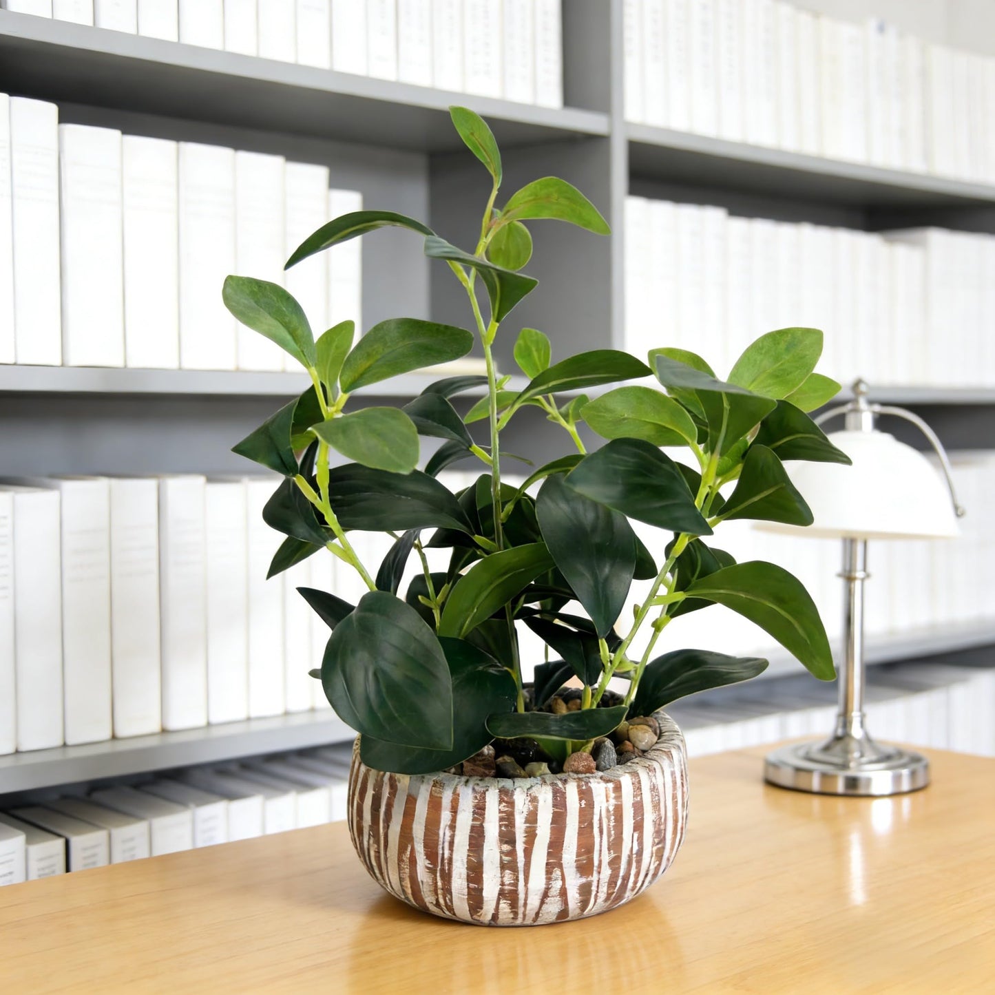 FLRLIVING Artificial Potted Plants Life-Like Fake Plant with Farmhouse-Style Cement Planter Feturing Light Wood Tone for Room Bathroom Bedroom Kitchen Office Dese Coffee Table Décor (12.8inch)