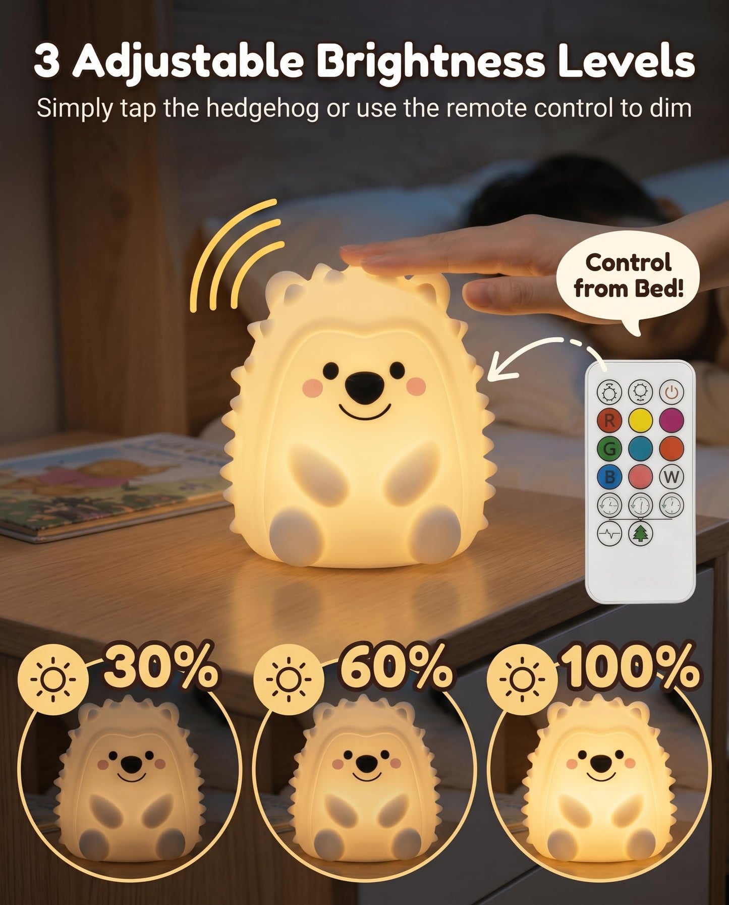 Hklynvia22 Hedgehog Night Light for Kids, 15/30/60 Min Timer Squishy Silicone Lamp, Touch/Remote 8-Color BPA-Free Rechargeable Night Light for Baby Nursery, Breastfeeding Bedside Sleep Buddy Gift