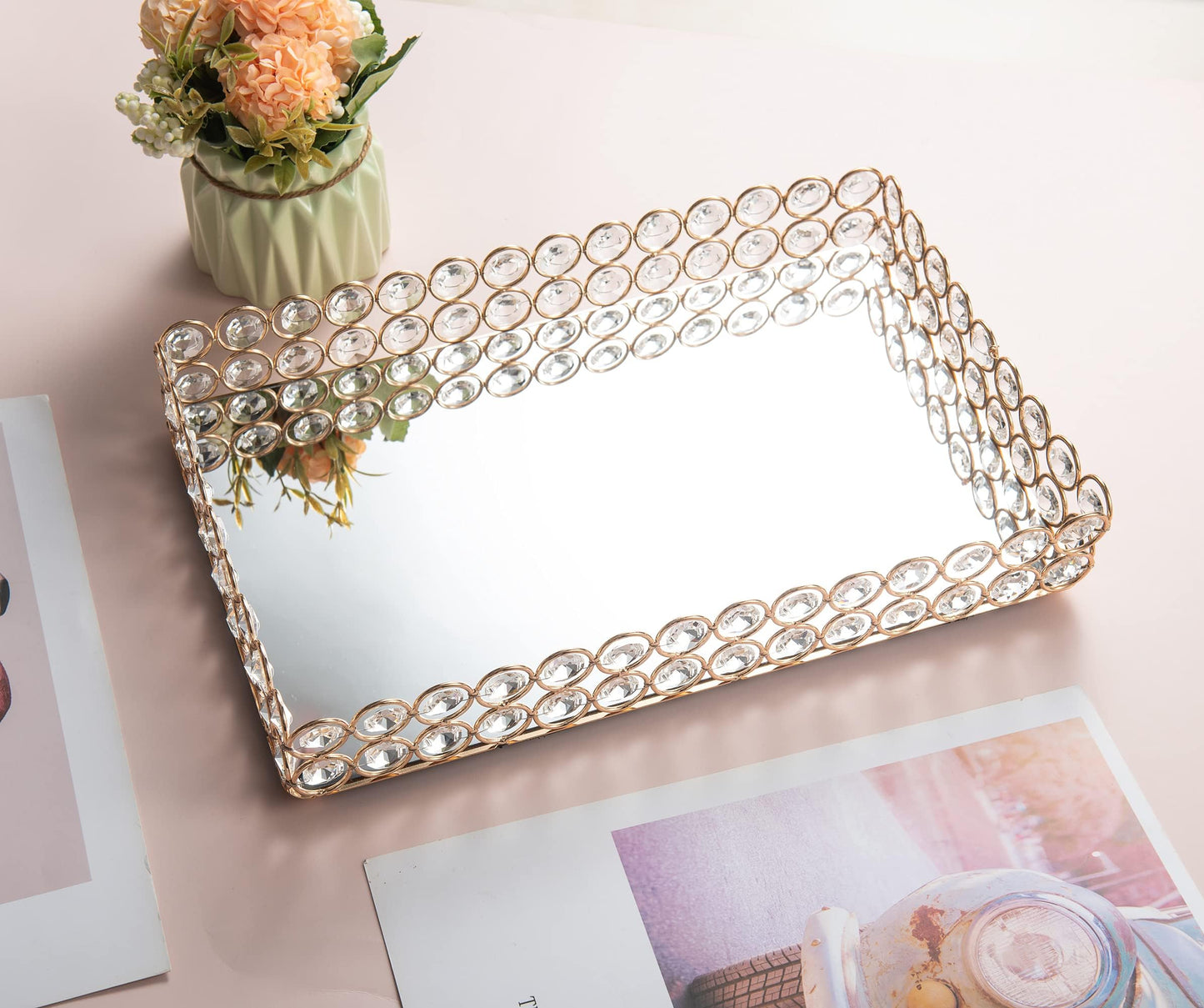 Feyarl Mirrored Crystal Vanity Makeup Tray Ornate Jewelry Trinket Organizer Cosmetic Perfume Bottle Decorative Tray Home Deco Dresser Skin Care Storage (Rectangle 12" x 8")