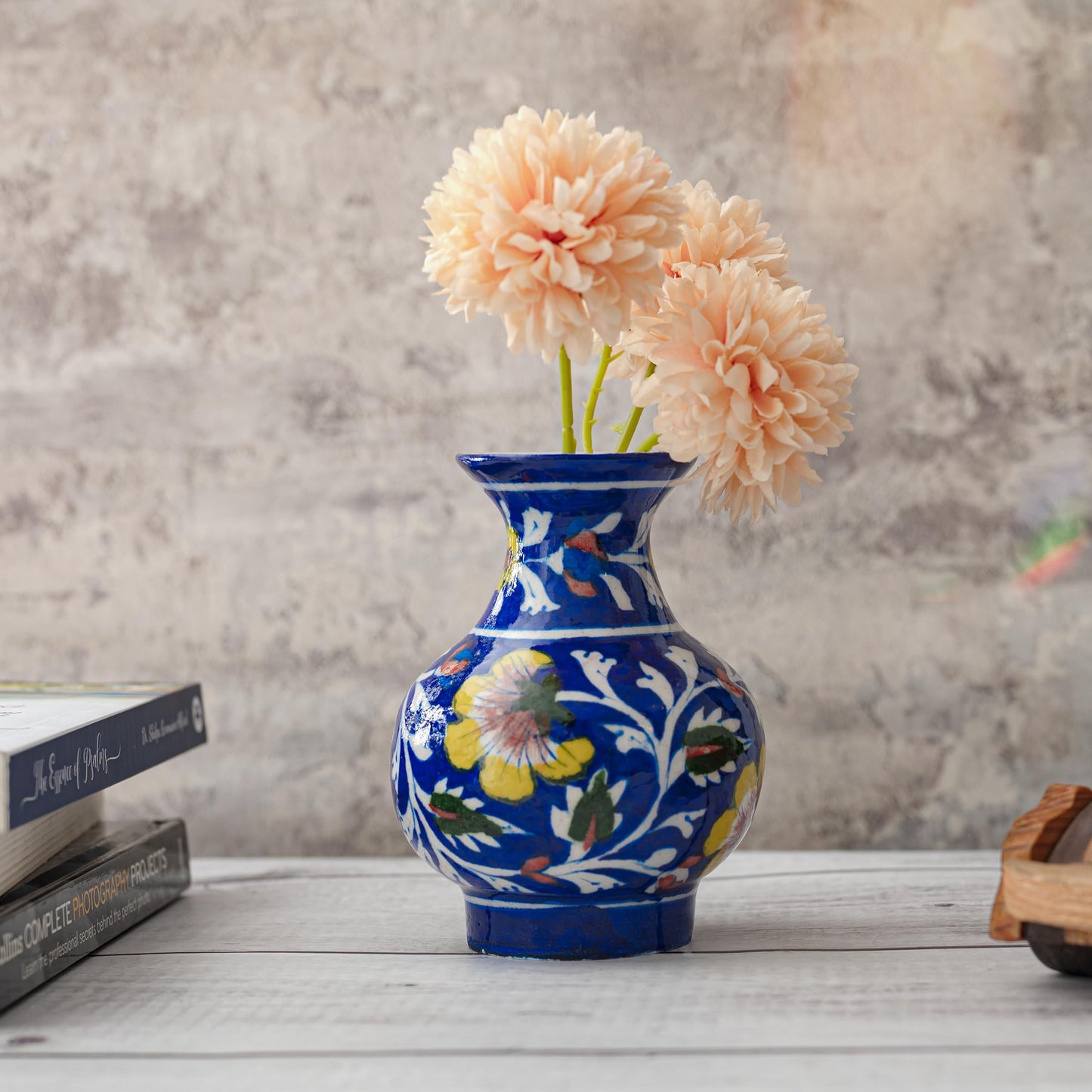 Ceramic Vase Handmade Ceramic Blue and White Designer Elegant Flower Pot with Floral Design for Living Room Bedroom Office and Gifting (Yellow Flower)
