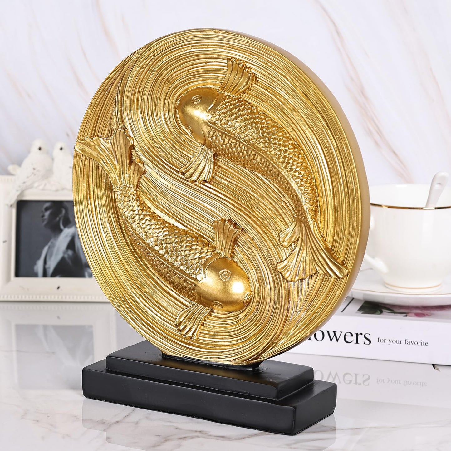 orenm Feng Shui Yin Yang Koi Fish Statue,Modern Shelf Decor Sculpture,for Mens Home Decorations Living Room,Office Good Fortune Sculptures,Bookshelf,Dining Table Centerpieces,TV Stand Decor (Gold)