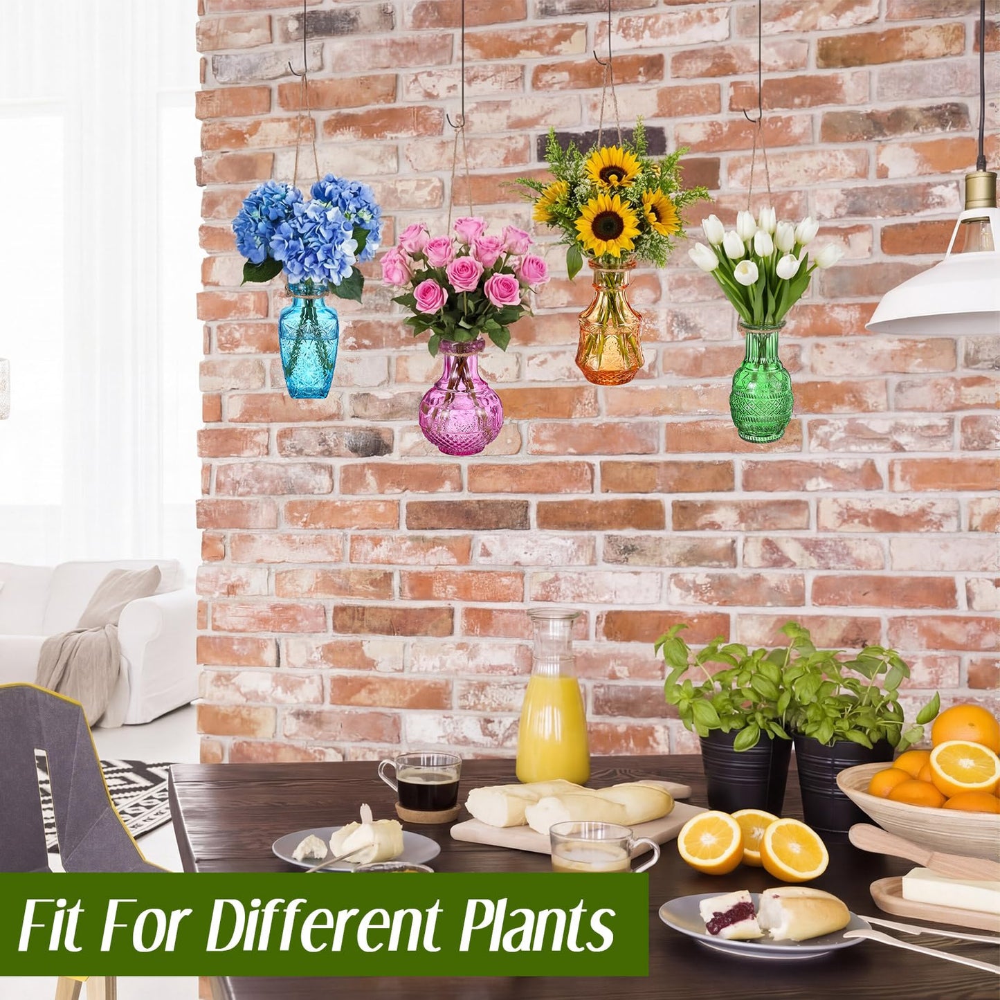 Wonderjune 4 Pcs Stained Glass Hanging Vases Hanging Glass Planters Small Plant Terrarium Pot Containers with Rope for Garden Home Indoor Outdoor Decor, 4 Styles (Elegant)