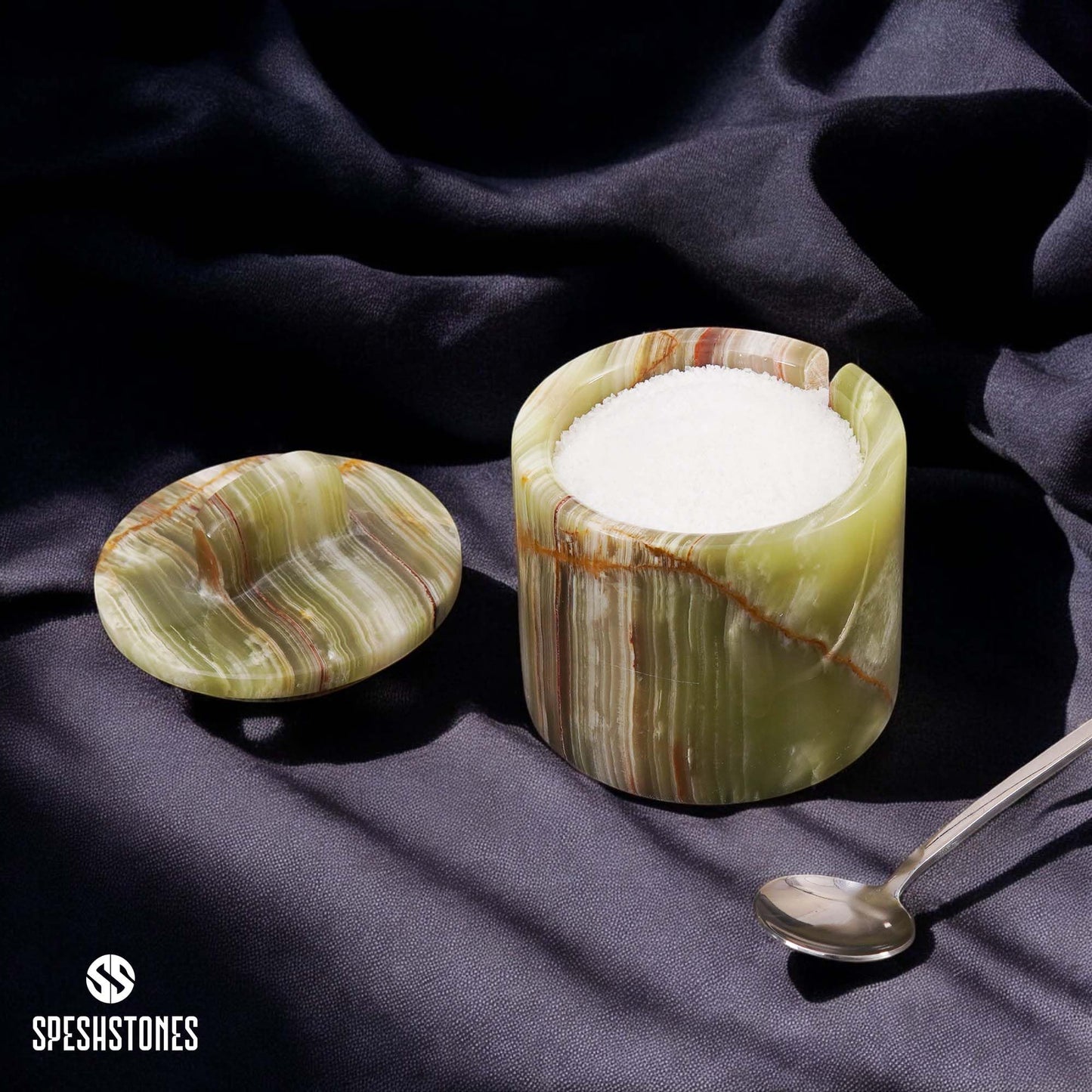 SPESHSTONES Marble Salt Cellar Handmade 4 Inch Green Salt Containers for Countertop - 5.2 Oz Salt Holder, Marble Sugar Bowl with Lid and Spoon, Spice Jars for Seasoning Container, Stone Salt Box