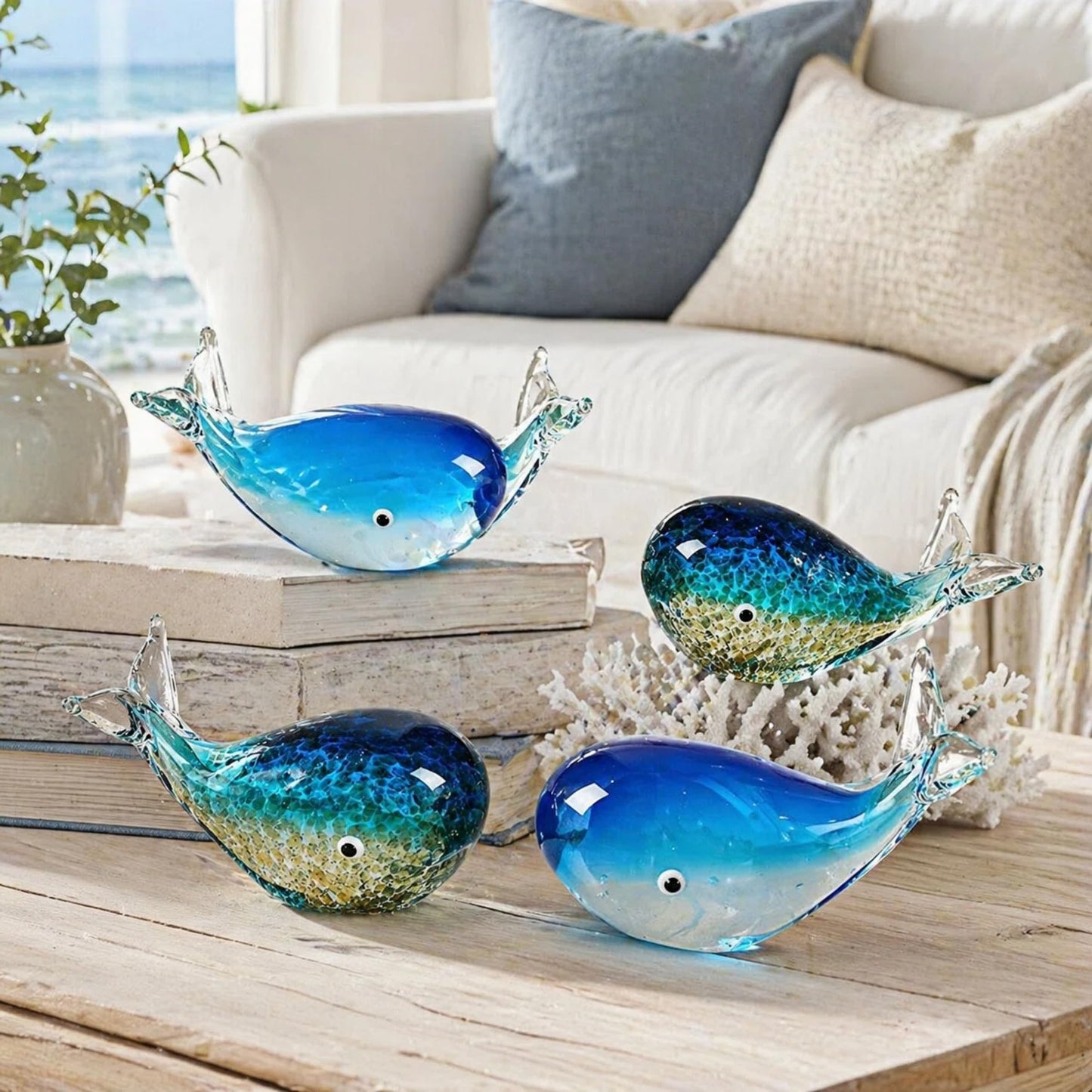 Tisuvimy Hand Blown Glass Whale Figurine, Blue Art Glass Whale Sculpture Ocean Animal Collectible, Decorative Glass Whale Statue for Home Office Desk Shelf Coastal Decor Gift (Light Blue)