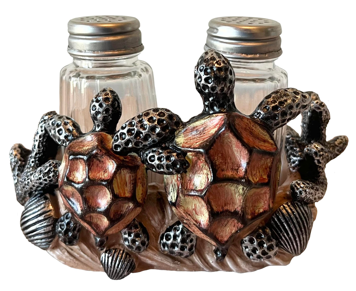 Sea Turtle Love Decorative Salt & Pepper Shaker Set - Sea Shell and Coral Nautical Ocean Beach Coastal Decor - Turtle Hugs