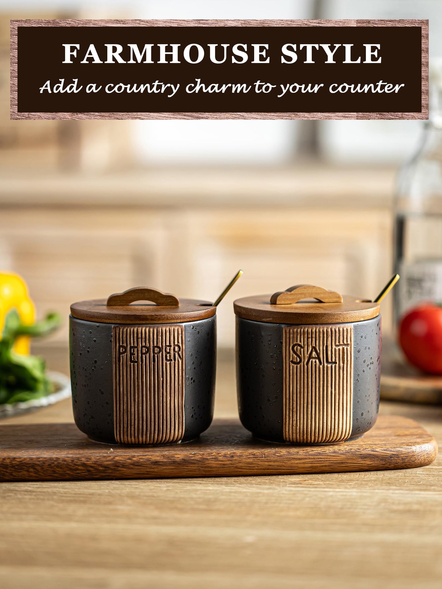 YHOJOY Salt and Pepper Bowl, Ceramic Salt Containers for Countertop, Salt and Pepper Cellar with Lid and Spoons, Black
