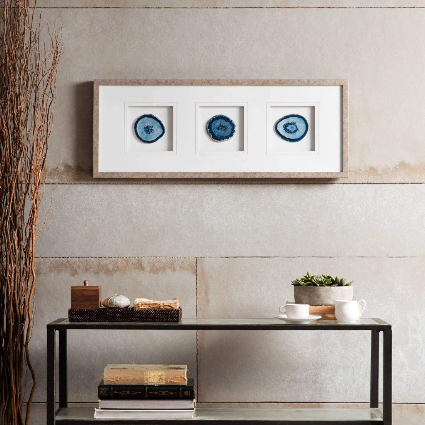 Madison Park Genuine Agate Wall Art Living Room Décor - Glass Framed 4 Inch Real Geode Stone Modern Lifestyle Entry Way Decoration, Ready to Hang Panel for Bedroom, 34"W x 13"H x 1.25"D, Blue