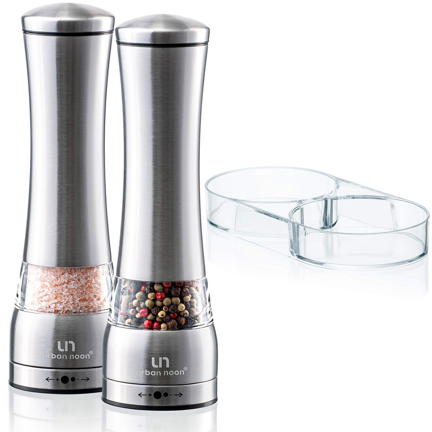 Salt and Pepper Grinder Set - Large Capacity Stainless Steel Pepper Grinder and Salt Grinder with Tray in Luxurious Gift-Box - Manual Mills with Ceramic Grinders and Adjustable Coarseness (Set of 2)