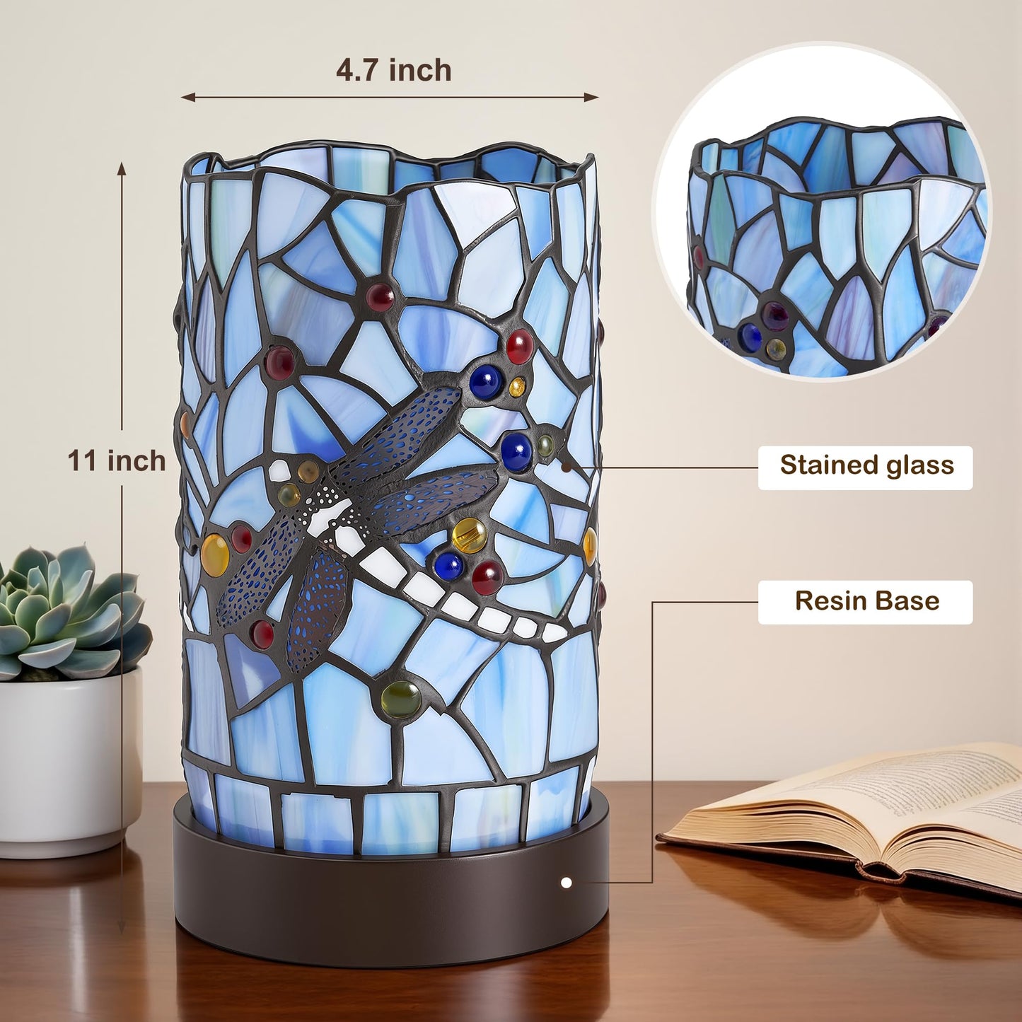 Rynxphera Tiffany Table Lamp, Blue Dragonfly Small Stained Glass Style Lamp