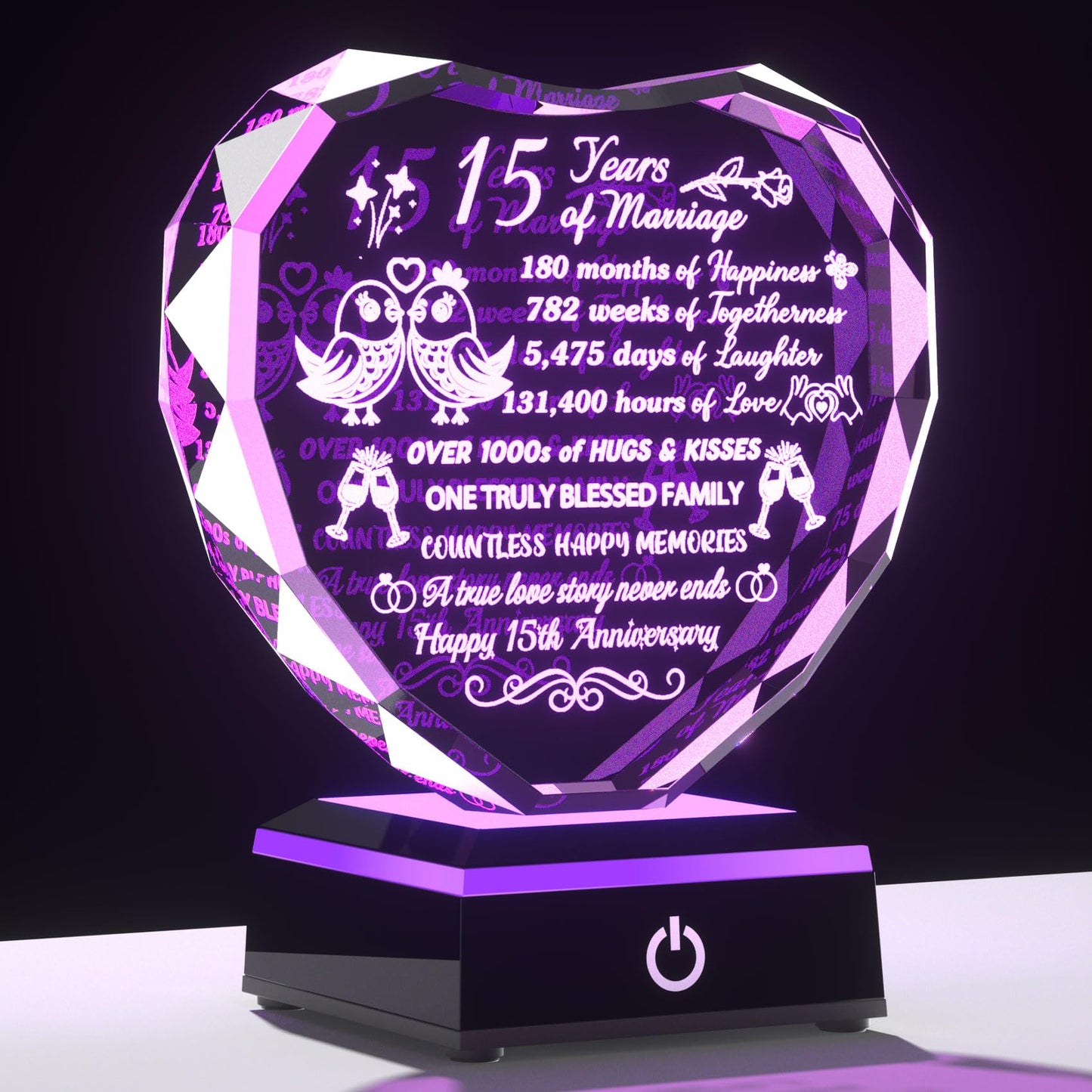 Arikyrist 15th Wedding Anniversary Crystal Heart Keepsake with Multicolor LED Base – Romantic 15 Years Marriage Gift for Couples Wife Husband Ideal Present for Christmas Valentine's Day