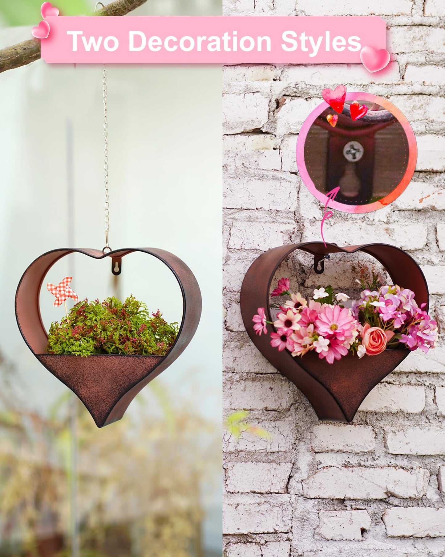 Philodwell Metal Plant Hangers Indoor and Outdoor:Birthday Gifts for Mom Women Her Wife Garden Lovers - Heart Shape Hanging Planters for Window Wall Living Room Office Decor(Rustic)