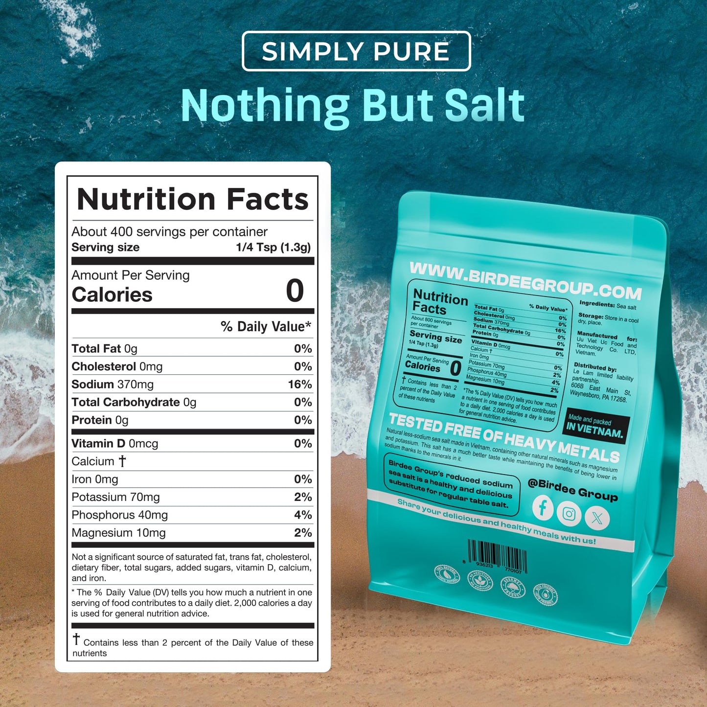 Birdee Culinary Gift Set, Solar-Dried Mineral Rich Fine Grain Sea Salt from Vietnam, 17.6 oz (500g) Pouch with Engraved Hardwood Spoon Bag Sealer Clip, Seasoned with Salt Colossians 4:6