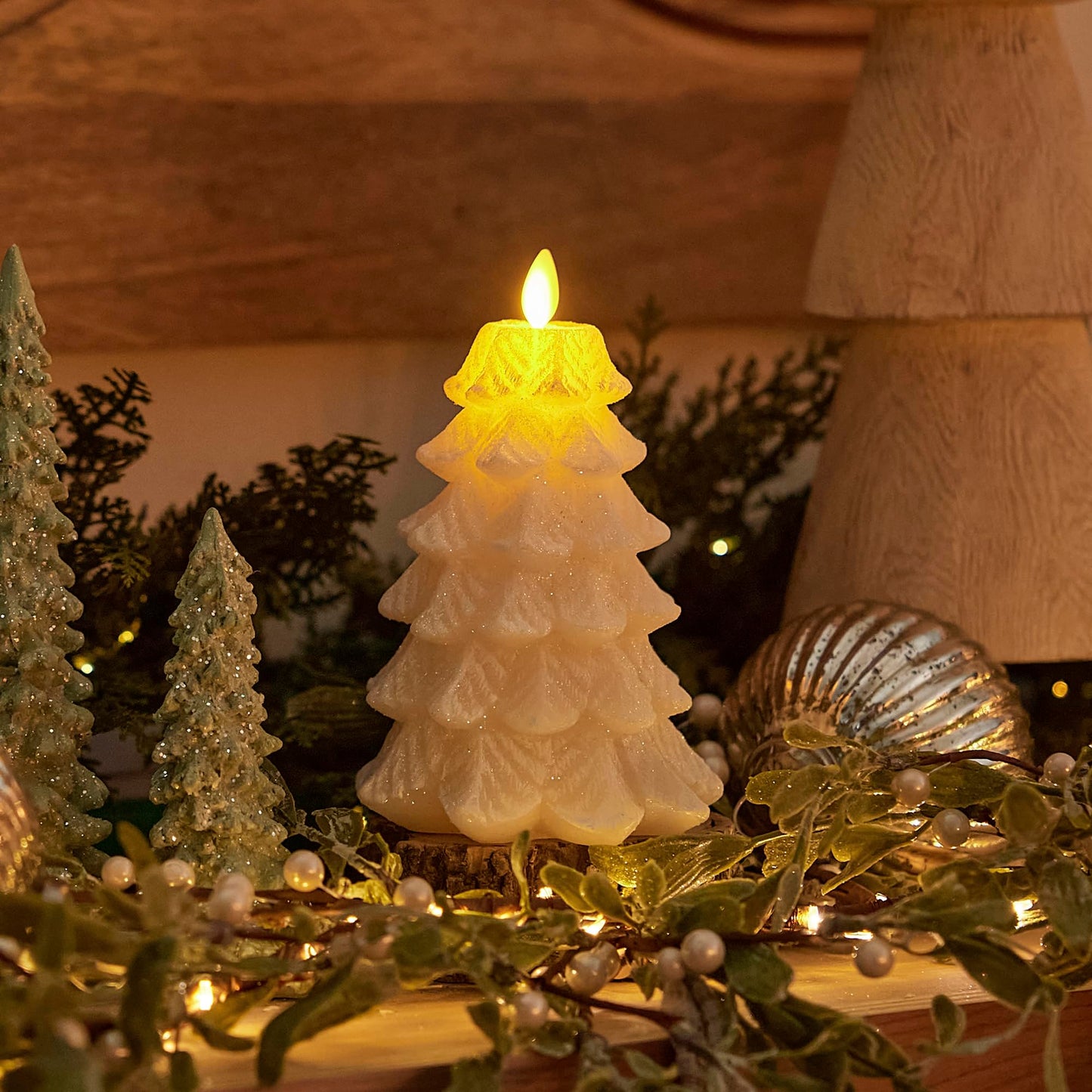 Luminara Christmas Tree Flameless LED Candle, White Swan 4.7" x 6.5", Moving Flame Battery Operated Timer, Holiday Decor, Glitter Snow Finish Safe