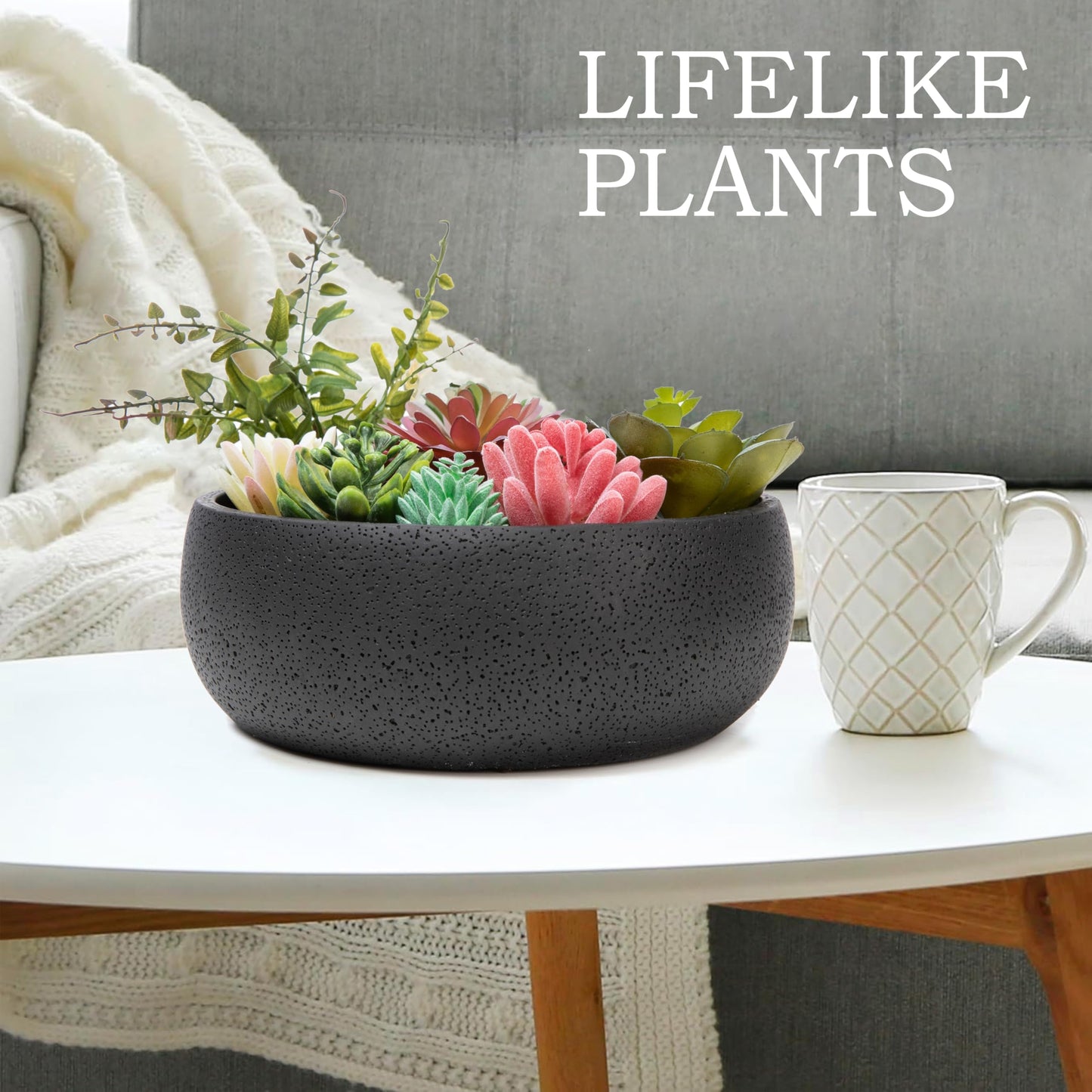 Nattol 8 Inch Round Modern Artificial Succulent Plant Arrangement, Assorted Fake Plants in Black Concrete Planter Bowl for Home Decoration
