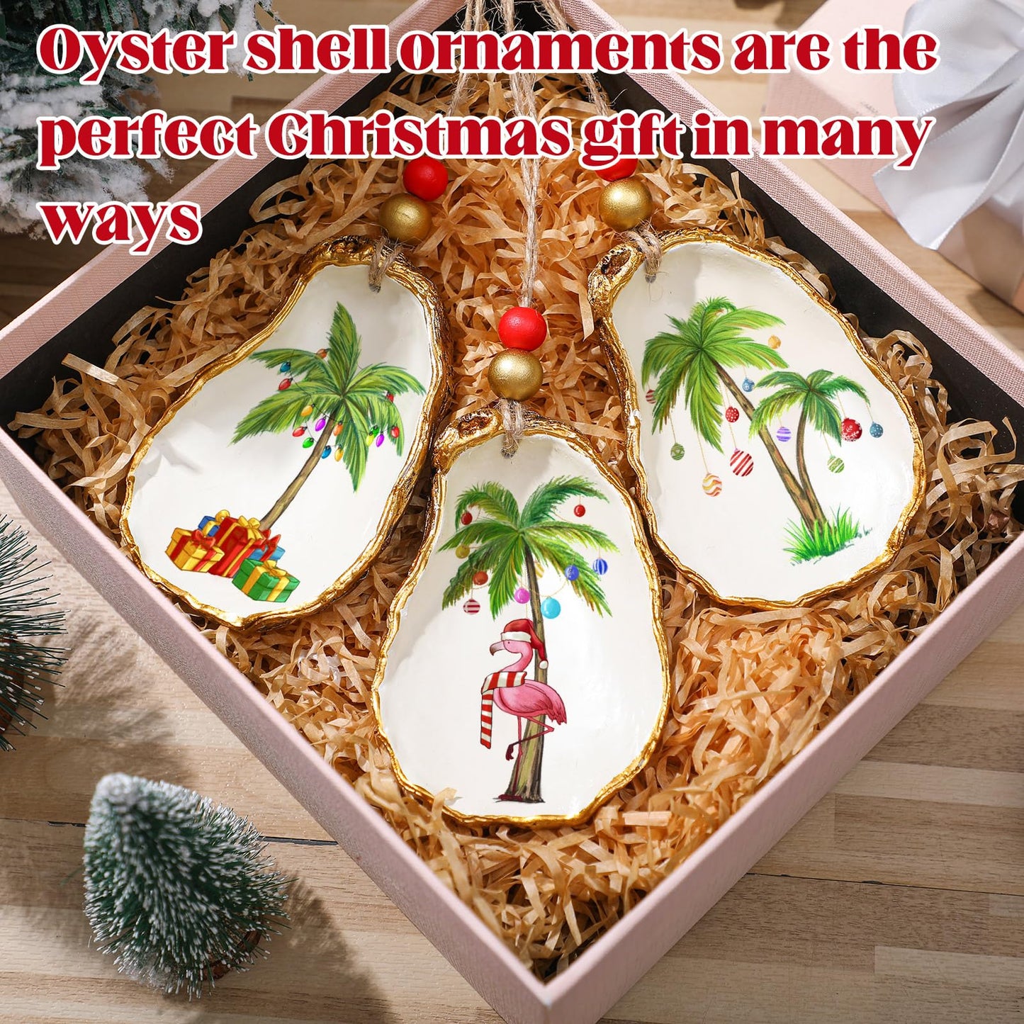 Bucherry 3 Pcs Christmas Oyster Shell Ornament Resin Decorated with Palm Tree Flamingo Seashell Christmas Nautical Coastal Tropical Beach Ornament for Xmas Tree Home Office Gift