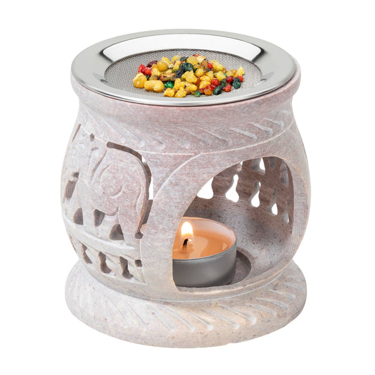 Soapstone Incense Burner with Strainer | 3.34 Inch Height & 3.15 Inch Diameter | Handmade Natural Stone Incense Holder for Gentle Aromatherapy with Tea Light | Decorative Meditation Accessory
