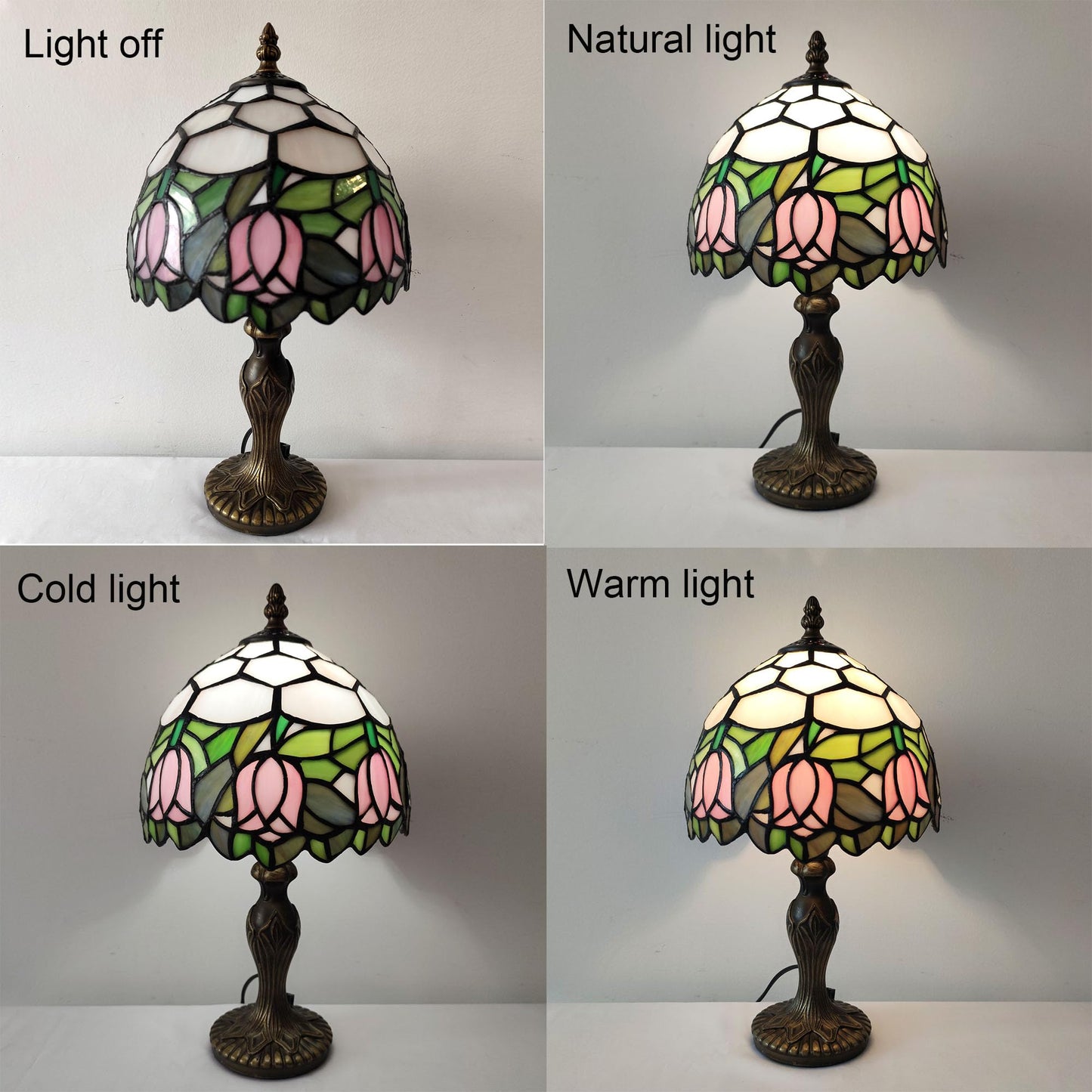 XPHMXP Tiffany Table Lamp Small Stained Glass Desk Lamp Vintage Bedside Lamp Included 3 Way LED Bulb for Home Living Room Nightstand Bedroom Office (Pink Tulip)