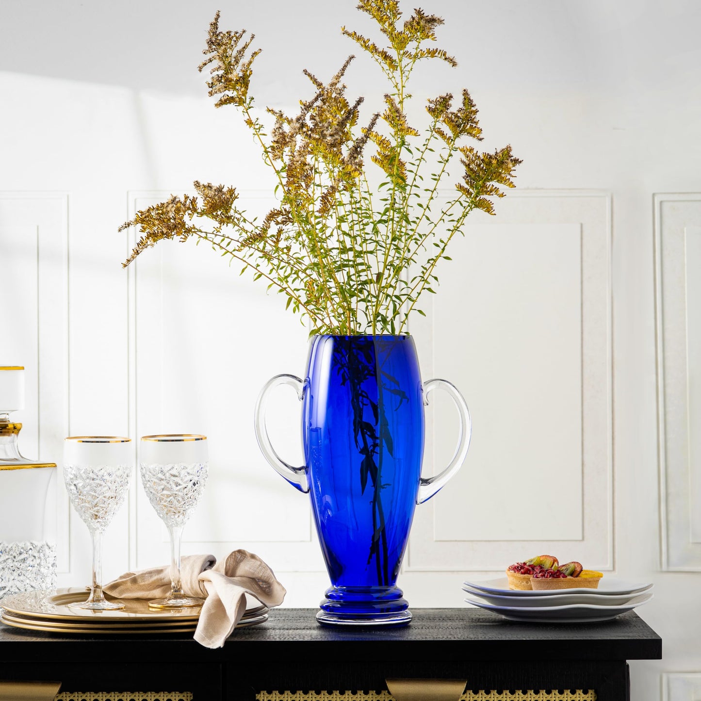 Barski - European Cobalt Glass - Footed Trophy Vase - with Handle - 13.5" Height - Made in Europe