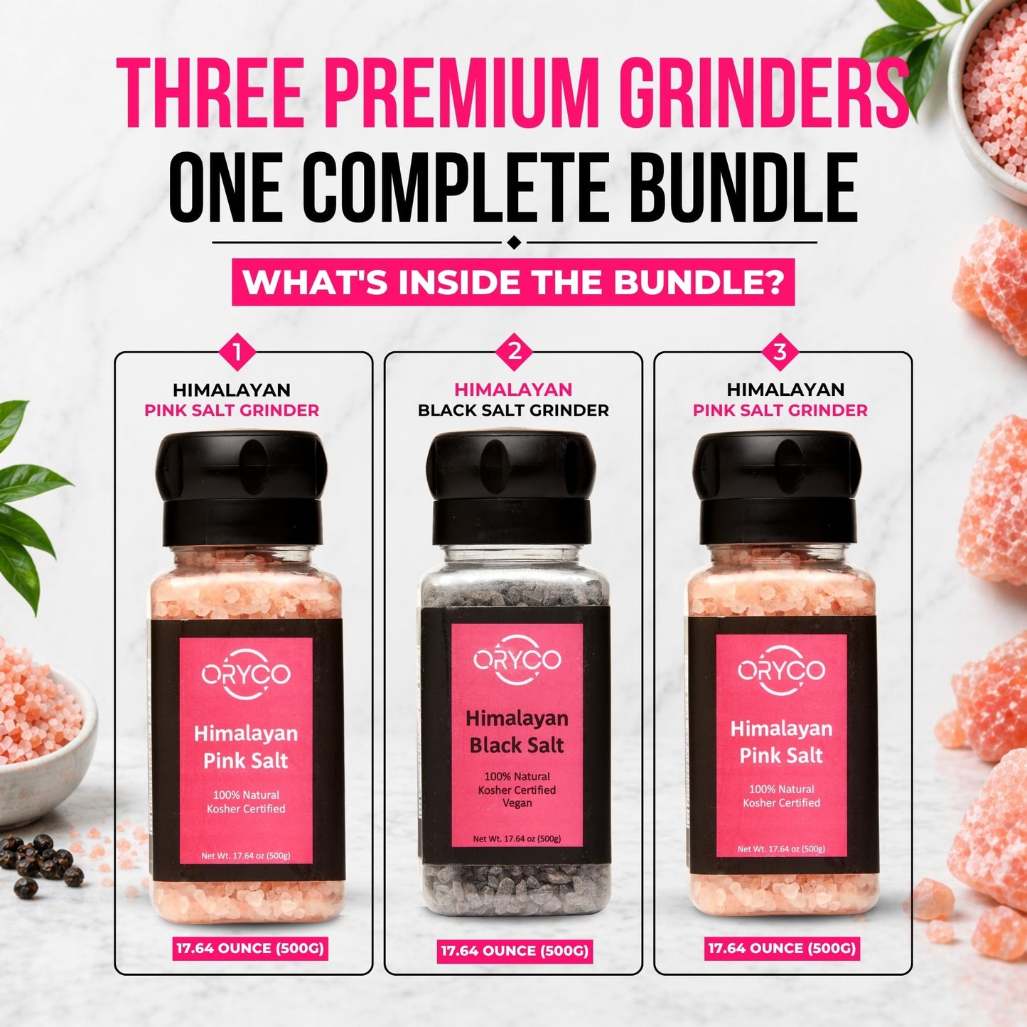 Oryco Himalayan Salt Grinder Set 3 Pack (2 Pink + 1 Black Kala Namak, 500g Each) – Refillable Grinders, 100% Natural, Kosher, Non-GMO, Coarse Salt for Cooking, Vegan & Seasoning