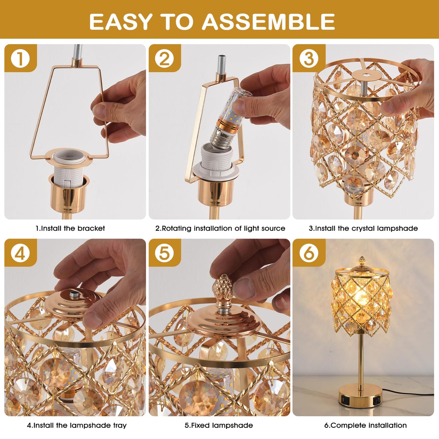 WELAISA Crystal Table Lamp, Gold, 3-Way Dimmable