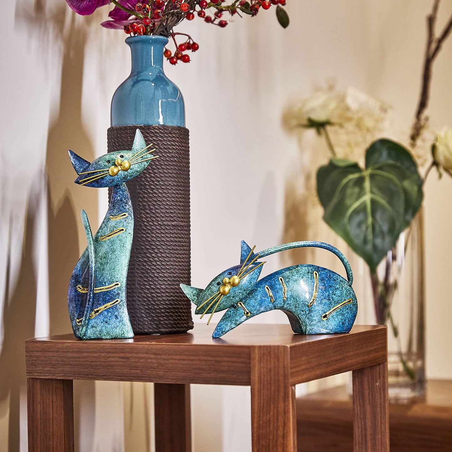 Aayla Cat Statues – Set of 3 Small Blue Aqua Cats Figurine Adorable Kitty Gift for Cat Lovers, Home Kitchen Decoration (8.5" H Blue)