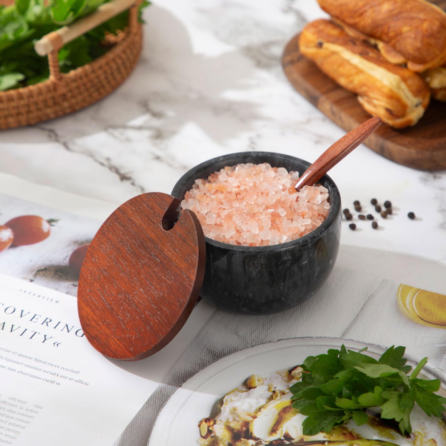 NHKRTE Marble Salt Cellar with Lid & Spoon, 11oz Salt and Pepper bowls, Handcrafted from Natural Marble, Smooth Inside (black bowl)