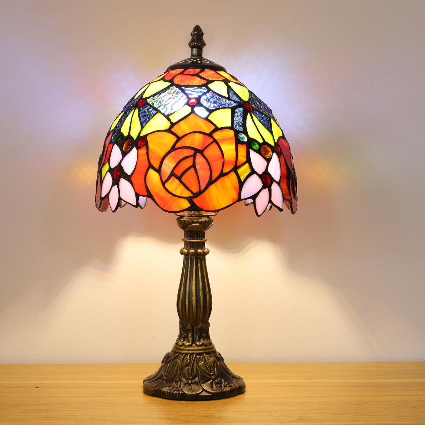 tuomoxte Tiffany Style Table Lamp 3 Color Temperatures Rose Flower Stained Glass Lamps Small Antique Bedside Nightstand Table Lamp for Bedroom Living Room Home Office, W/LED Bulb 8X8X15Inch