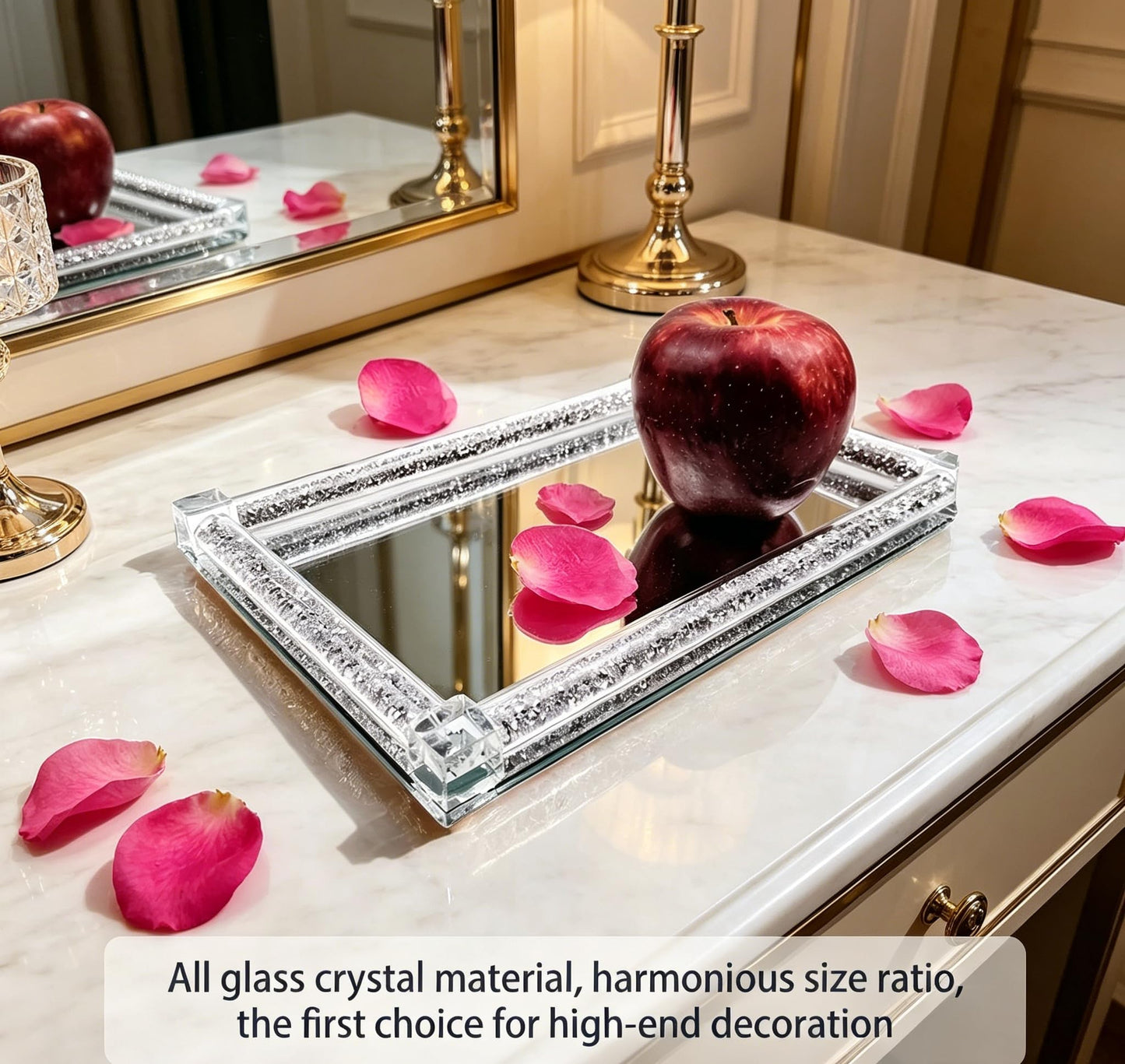 Crystal Mirror Tray with PU Leather Tissue Box Set - 2-Piece Bathroom Vanity Organizer, Decorative Perfume Tray and Tissue Holder for Bedroom, Living Room, Kitchen Countertop, Elegant Home Decor