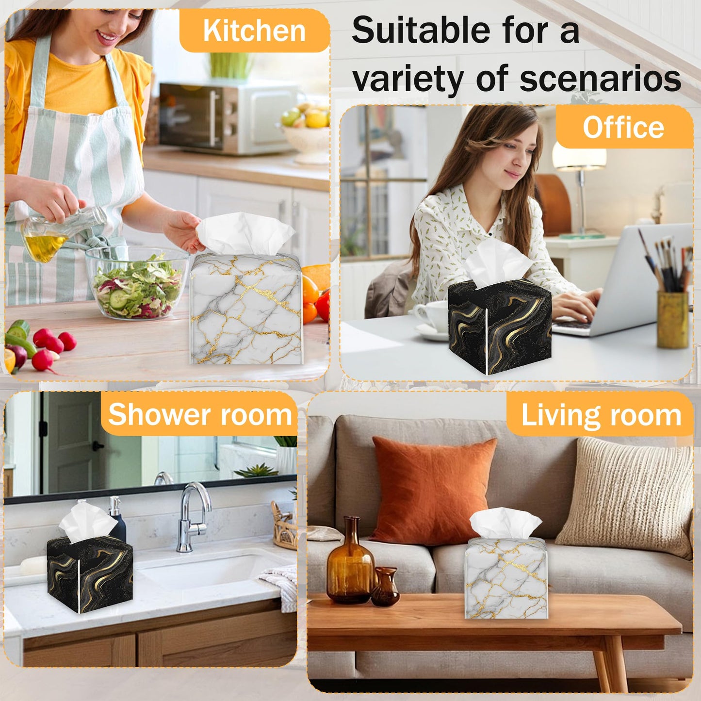 Black White Gold Marble 2 Pcs Tissue Box Holder Square Tissue Box Cover Facial Cube Napkin Organizer Dispenser for Bedroom Office Bathroom Decor
