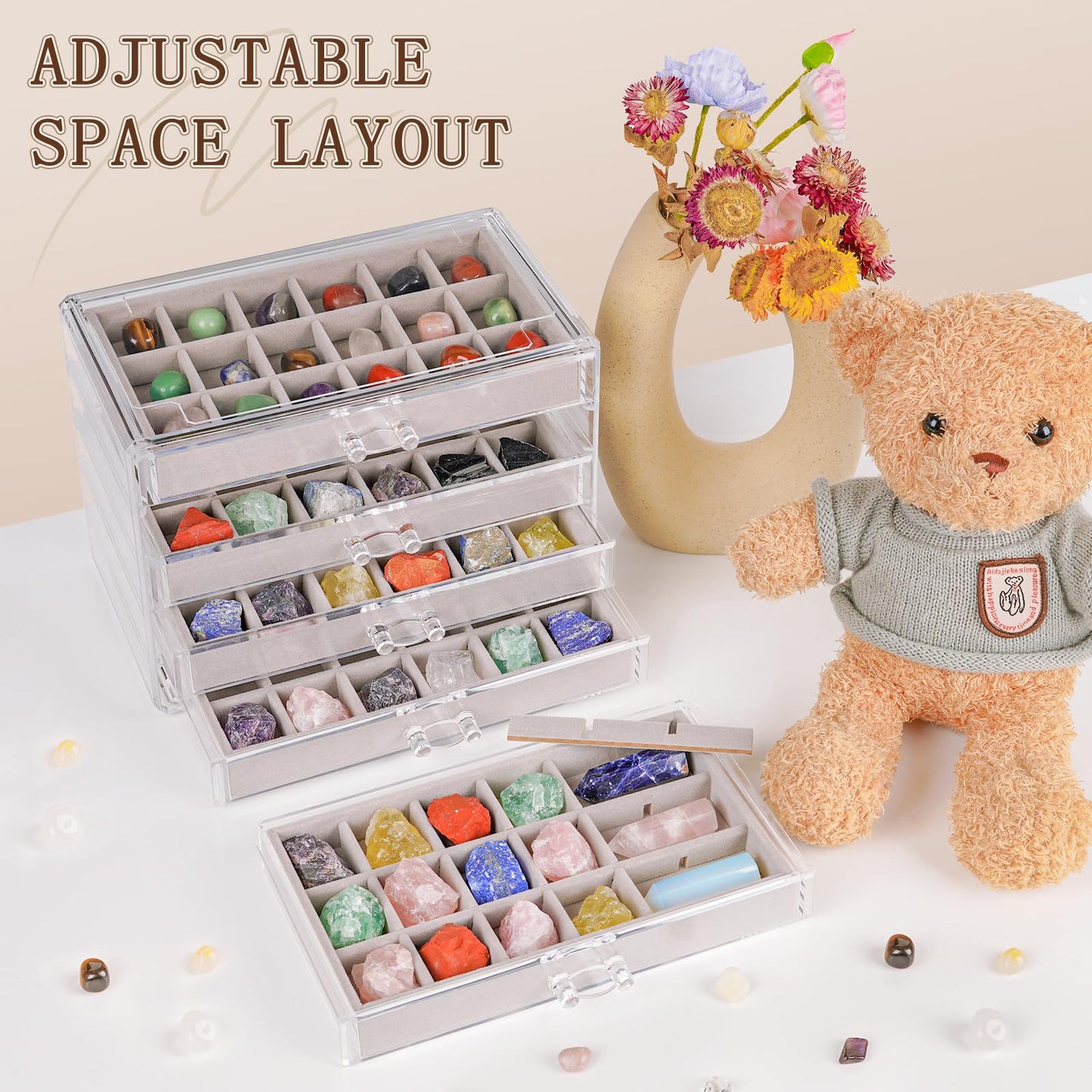Bfttlity Acrylic Rock Display Case, 90 Grids Rock Collection Box for Kids, Clear Display Cases for Stones Collectibles Gemstone Crystals Storage Boxes (90 Grids)