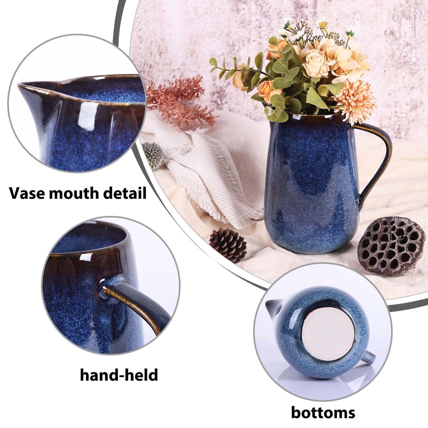 Blue Ceramic Pitcher Vase, Water Pitchers with Handle,For Modern Rustic Farmhouse Vase Home Decor,Cute Small Ceramic Vases,Entrance Decoration and Centerpieces for Dining Table Decor (Blue)