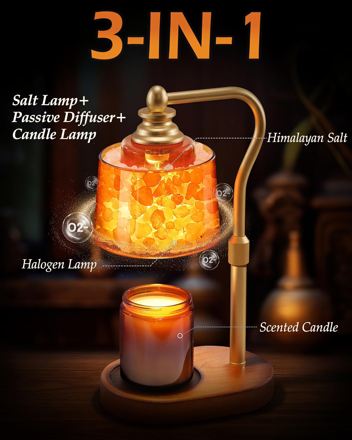 CaHomet 3-in-1 Candle Warmer Lamp with Timer Dimmable, Himalayan Salt Lamp & Passive Diffuser, Gifts for Women, House Warming Gifts, Wax Melt Warmer for Jar Candles (Gold)