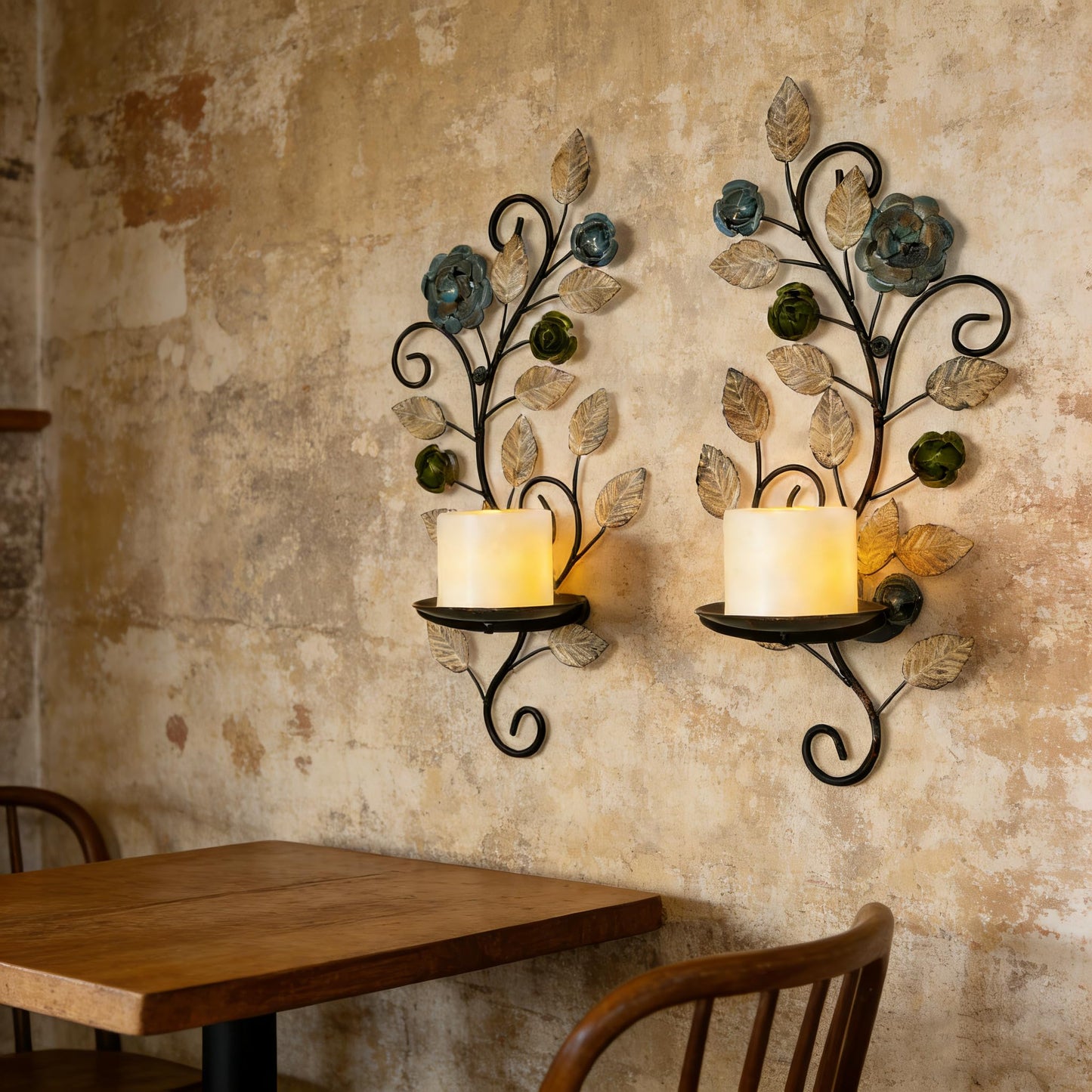 Metal Wall Candle Sconce Holders Set of 2, Rustic Leaf and Flower Branch Candle Holder Wall Decoration for Living Room Farmhouse Wedding Fireplace