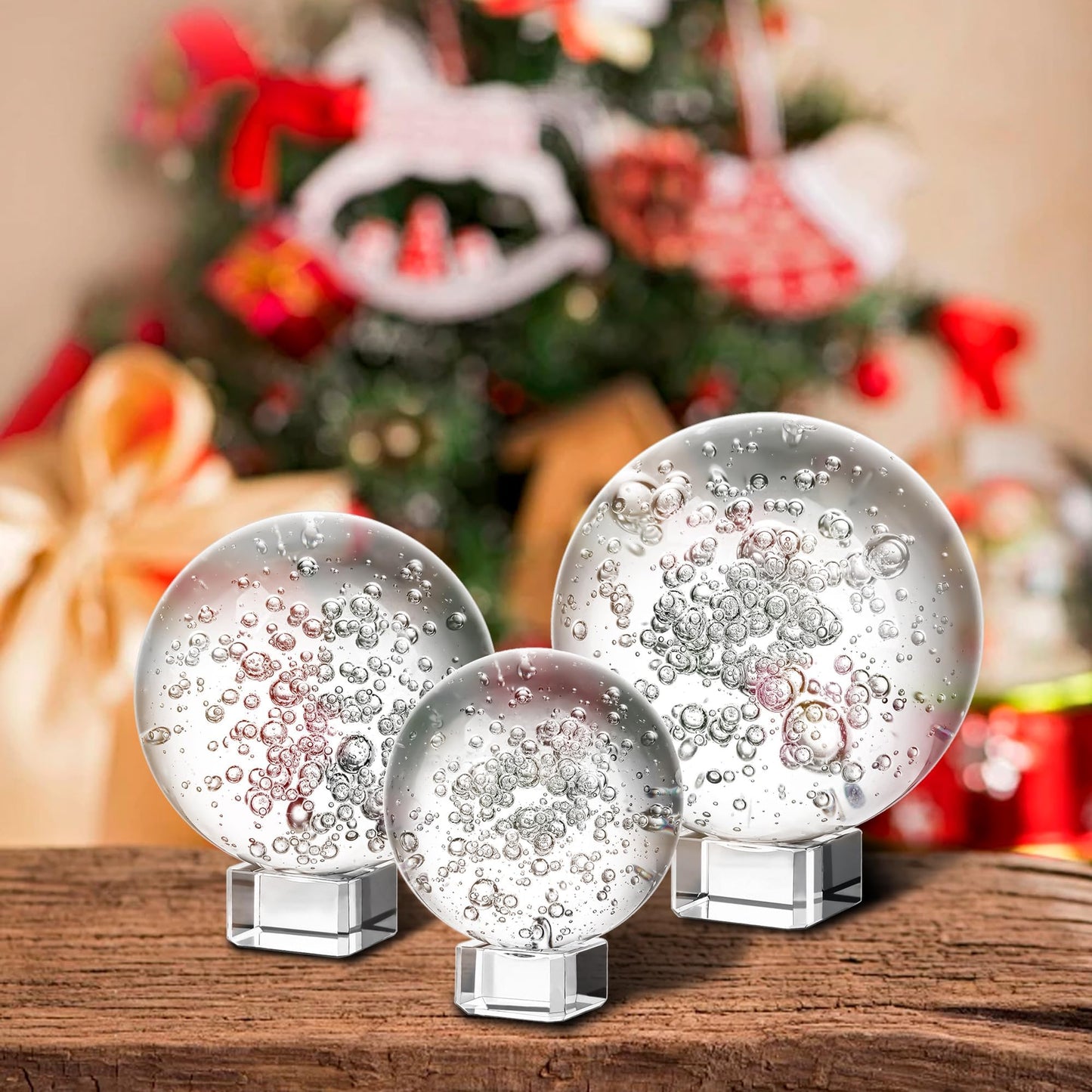 Crystal Ball Set of 3 K9 Bubble Glass Decorative Spheres with Stands